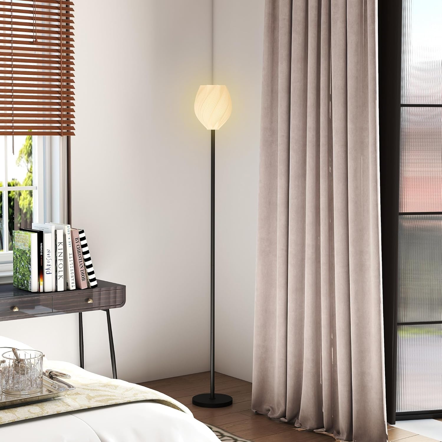 Lampa podłogowa, lampa stojąca z drukowanym w 3D różanym kloszem i przełącznikiem nożnym, nowoczesna, minimalistyczna, wysoka lampa podłogowa do salonu, sypialni i biura, uchwyt E27