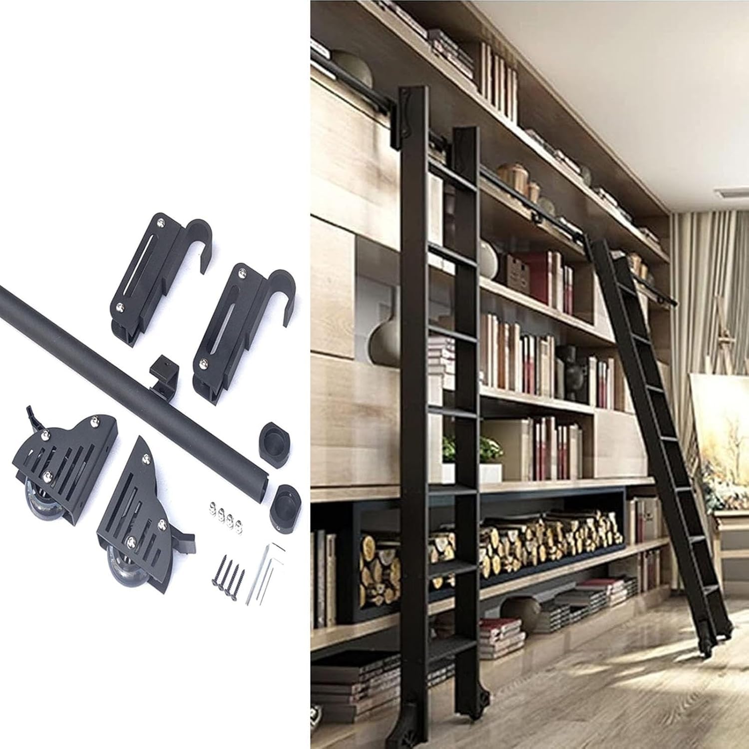 Kit rail coulissant échelle bibliothèque pour optimiser le rangement du salon de style rustique