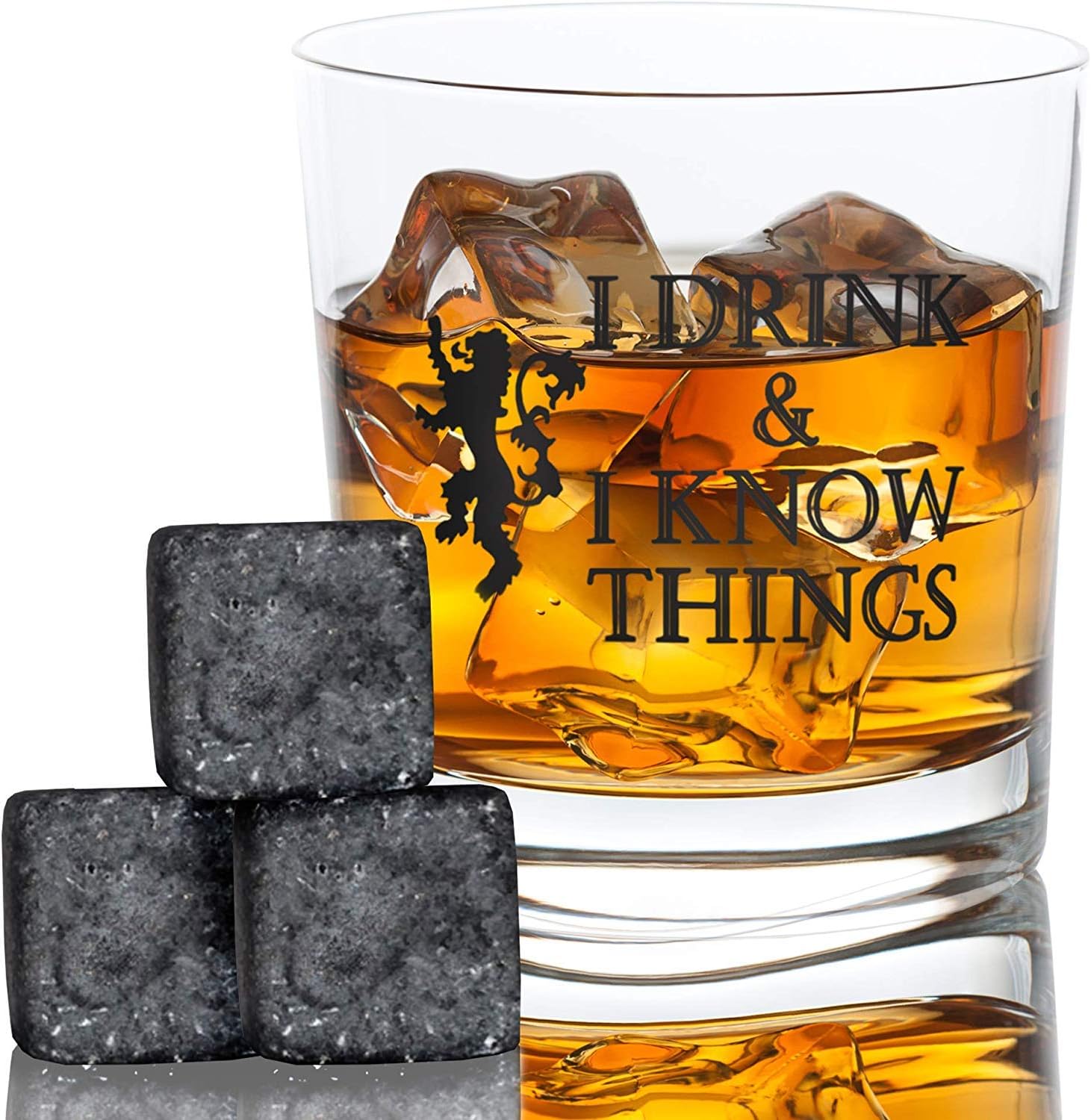 I Drink and I Know Things Whiskey Glass + FREE Whiskey Stones - Bourbon Scotch - Game Of Thrones Inspired - Funny Novelty - With Prestigious package