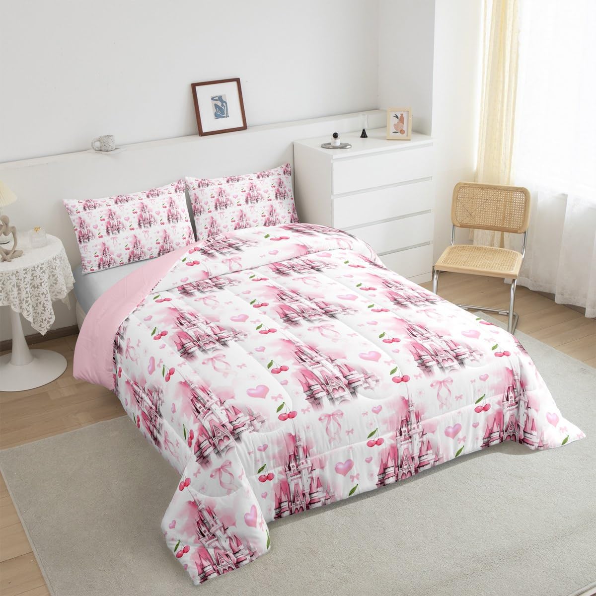 jejeloiu Kids Pink Castle Bedding Set Toddler Size, Cherry Bowknot Comforter Set Fairytale Duvet Insert Boys Girls Teens Bedroom Decor 2Pcs