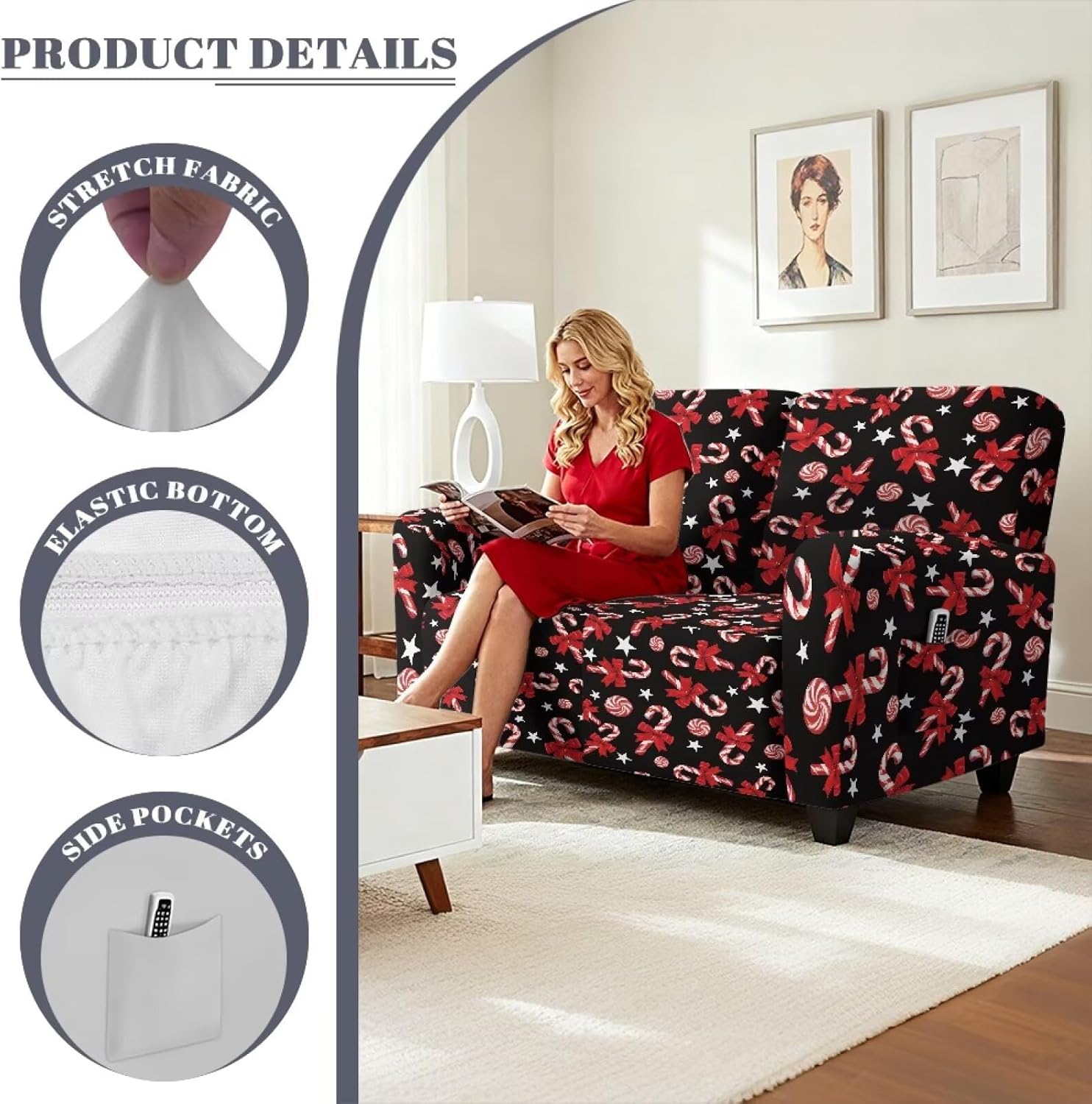 Christmas Candy Print Loveseat Recliner Covers Soft Recliner Love Seat Slipcover with Pockets Lazy Boy Sofa Couch Covers for Xmas Decorative Supplies