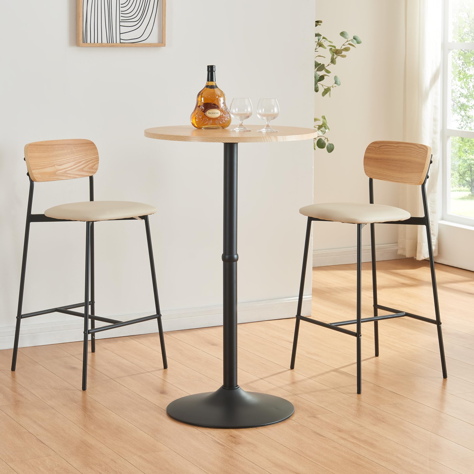 [en.casa] Mesa de Bar Bistró Vantaa con Tablero Redondo Mesa Alta con Base Redonda Acero 100 x Ø 60 cm - Efecto Roble y Negro