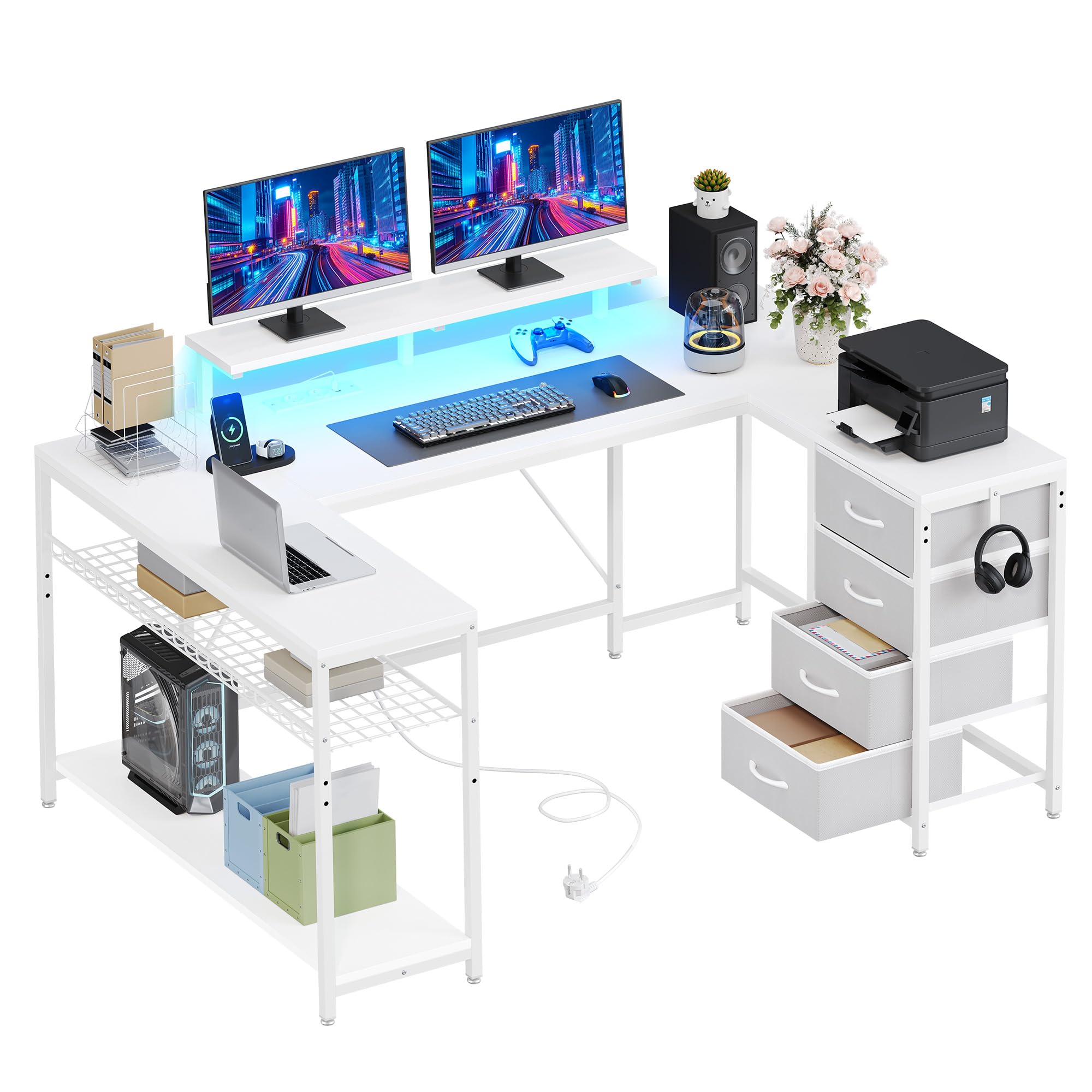 YITAHOME Scrivania angolare con 4 cassetti e spazio di archiviazione, scrivania da gioco con LED e supporto per monitor per casa, ufficio, scrivania angolare reversibile con 2 prese e 2 porte di