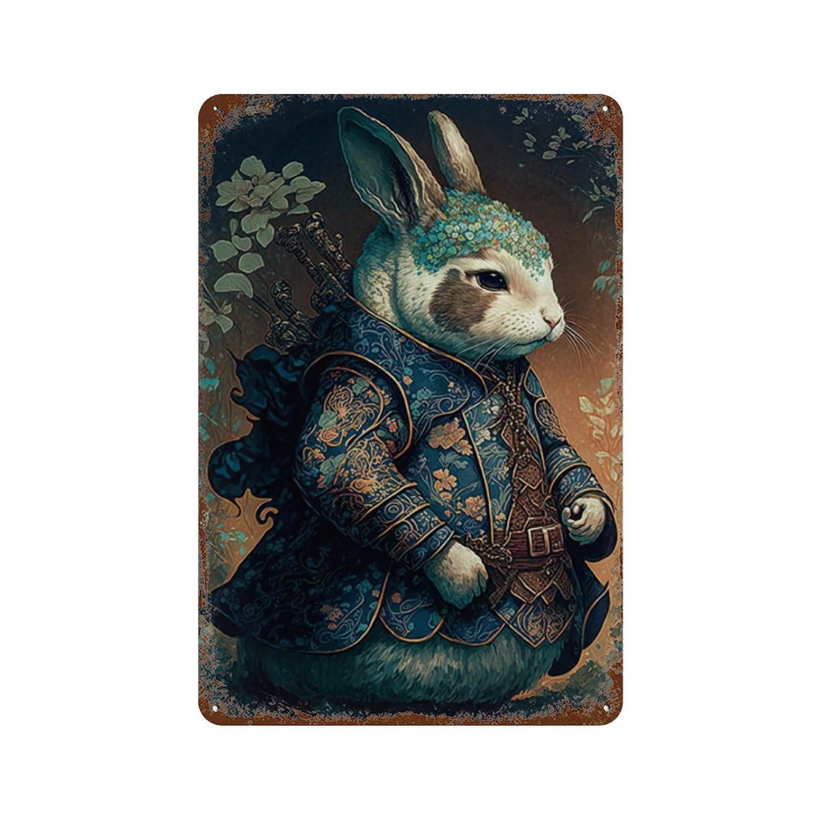 Weathered Tin Sign Rabbit in Victorian Armor 11.8"x7.9", Novelty Wall Decor for Basement, Hobby Room And Garage Decor