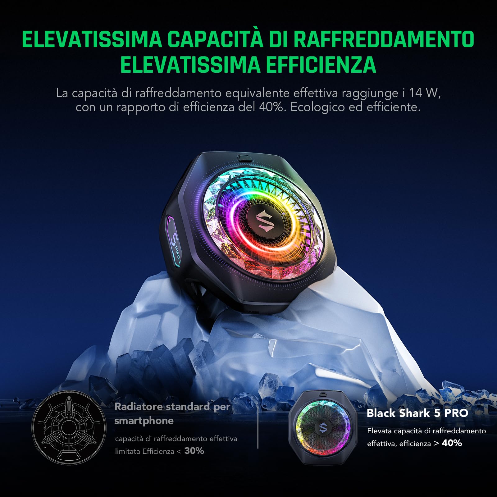 Enfriador magnético para teléfono Black Shark 5 Pro: 18 LED RGB direccionables, empuñadura desmontable, ventilador termostático controlado por aplicación para iPhone MagSafe/Android/iPad