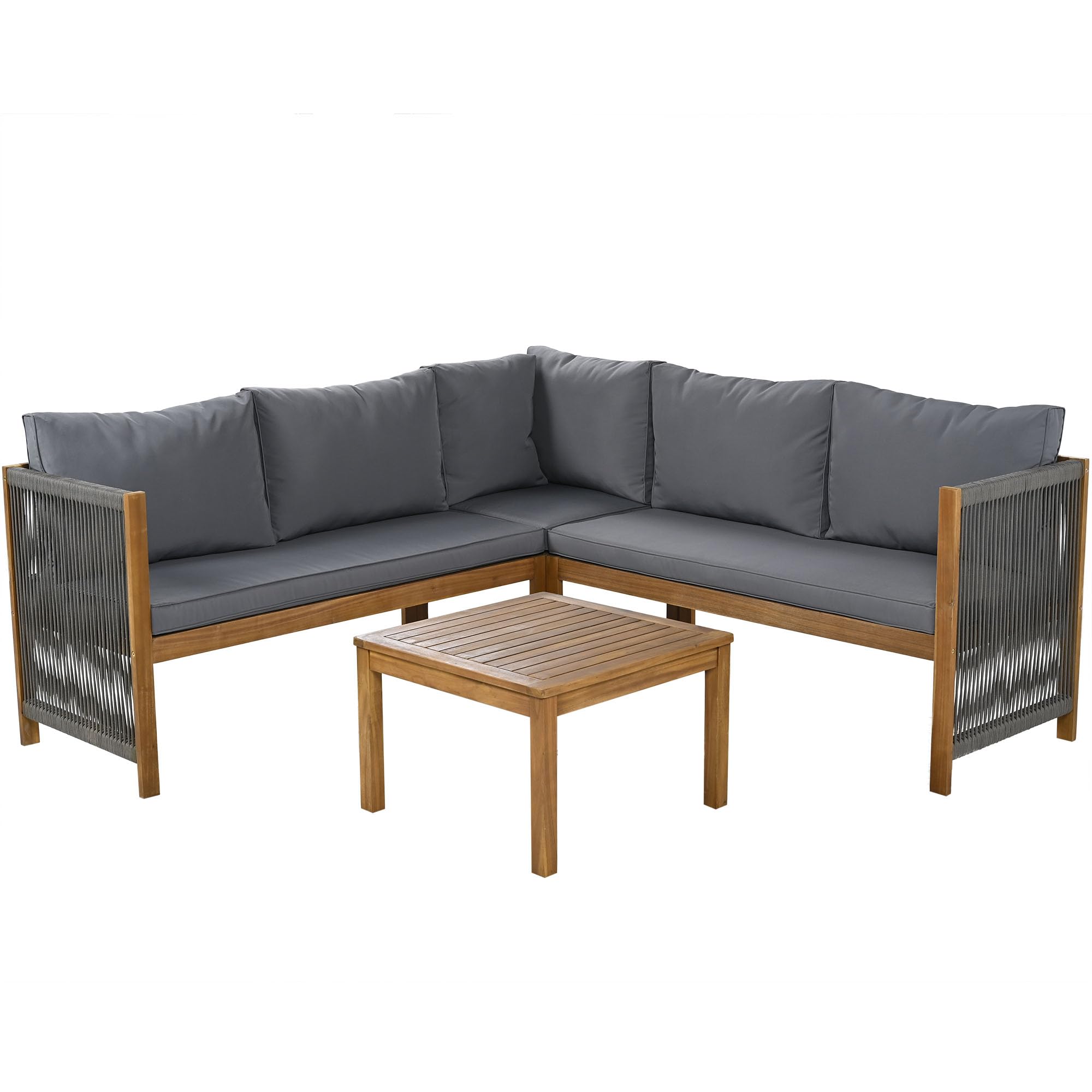 Juego de muebles de jardín para 4-5 personas, exterior jardín terraza con sofá esquinero y mesa de café, 4 piezas, madera de acacia, cuerda trenzada, resistente a la intemperie (gris)