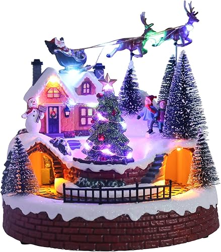Bdor Decoración de mesa de pueblo navideño con tren giratorio, música y luces, escena navideña iluminada con trineo de Papá Noel, árbol y niños,