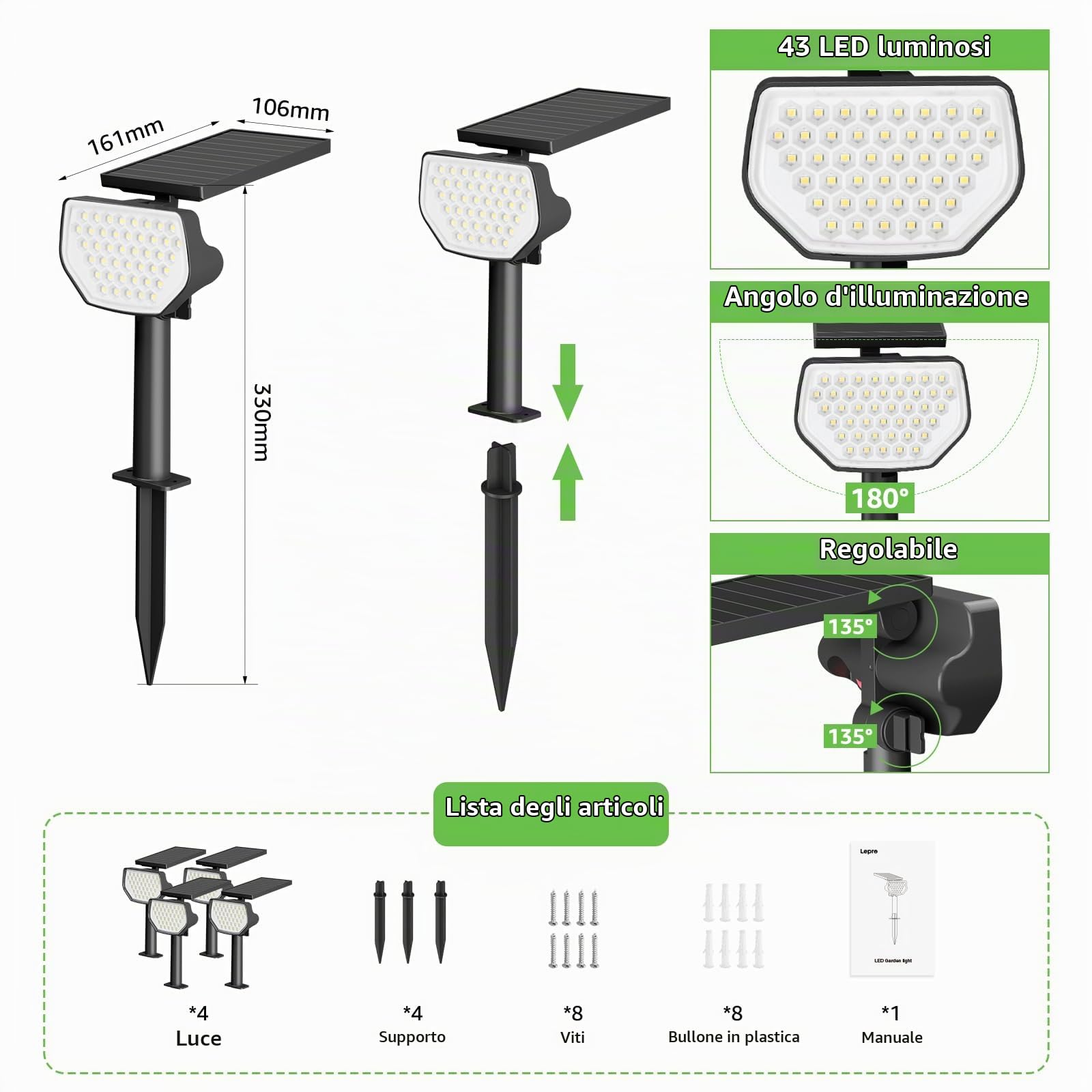 Lepro Faretti Solari da Esterno, Luci Solari Esterno Giardino Bianco Freddo 6500K e IP65 Impermeabile, 43 LED Lampade Solari da Giardino Potenti per Cortile, Patio, Vialetto, Alberi, 4 Pezzi