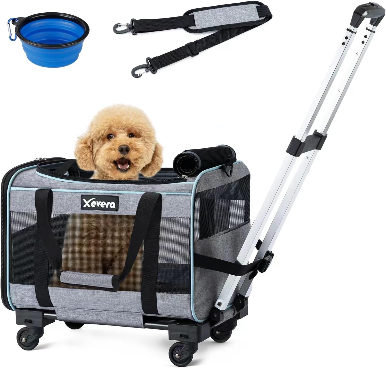 Cat Dog Carrier with Wheels Rolling Pet Carrier with Telescopic Handle, Shoulder Strap and Pet Bowl, Grey
