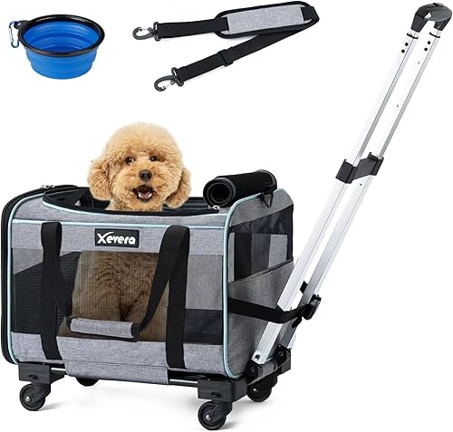Transportador para perros y gatos con ruedas, aprobado por aerolíneas, con asa telescópica, correa para el hombro y cuenco para mascotas, color gris