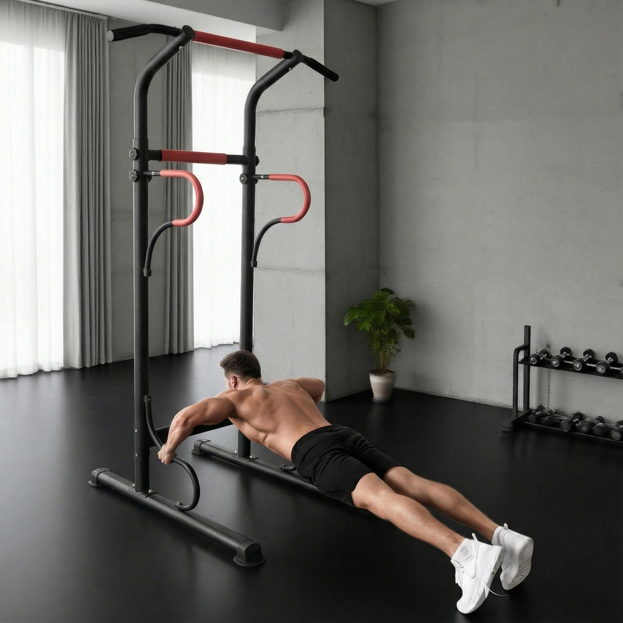 HOMCOM Power Tower Dip Station, Barra per Trazioni Power Tower Stazione Fitness Multifunzione con Altezza Regolabile 171-219cm, Nero Rosso