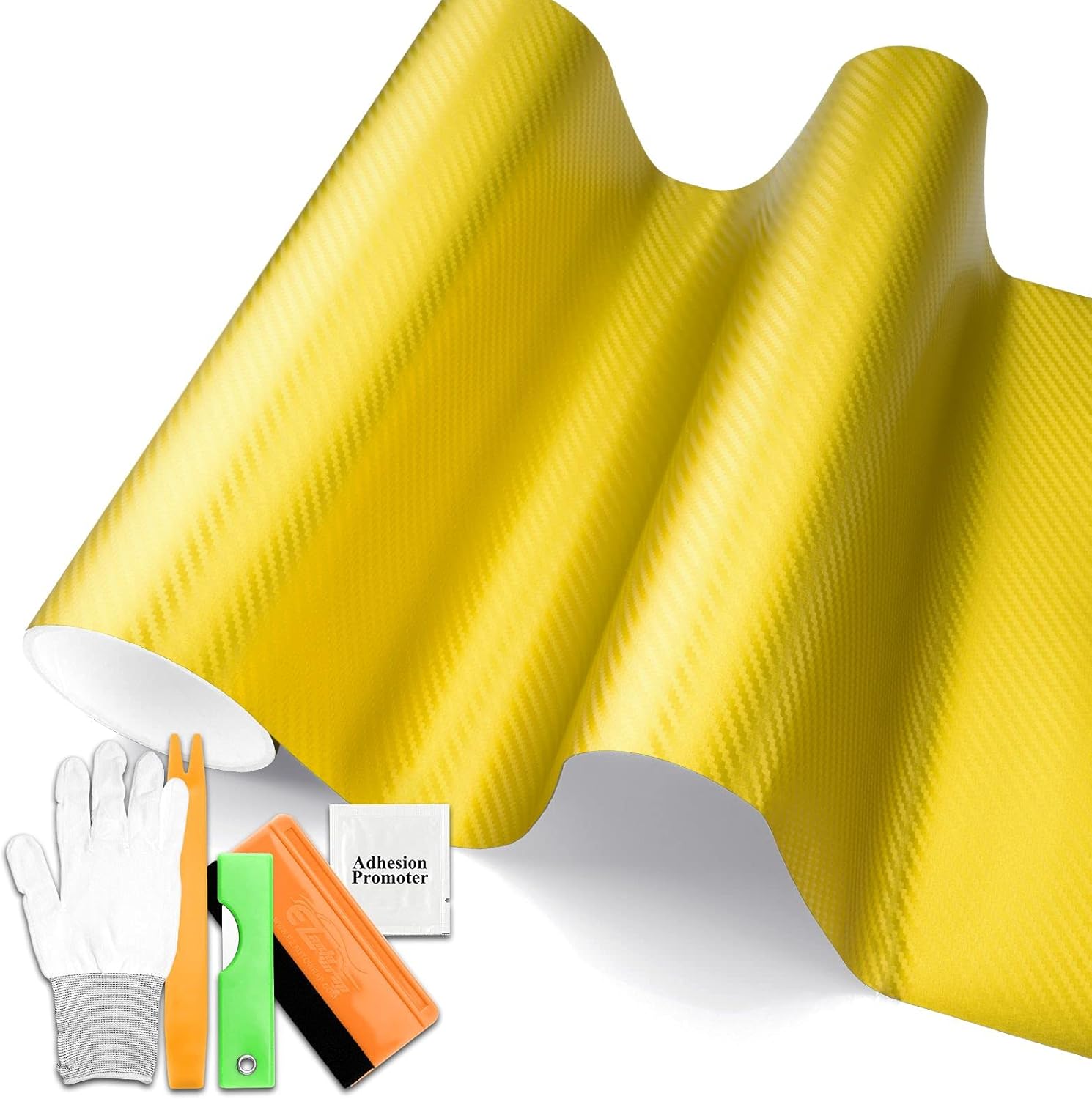 Free Tool Kit EZAUTOWRAP Satin Chrome Carbon Fiber Yellow Car Vinyl Wrap Sticker