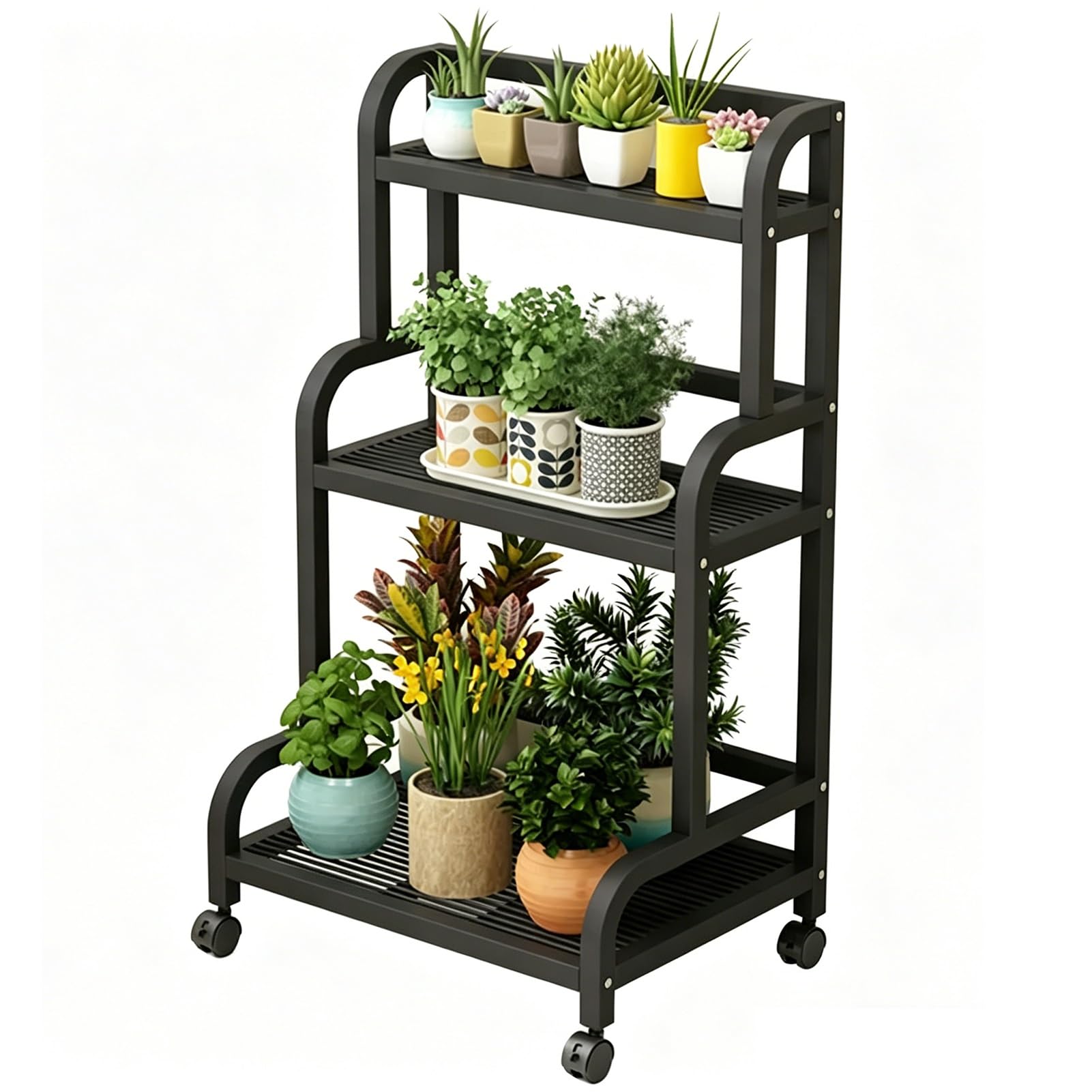 DMCHENGMA Modern Black Wrought Iron 3-Tier Plant Shelf | Space-Saving Tiered Planter Stand with Wheels, Durable Corner Rack for Multiple Pots(80x40x107cm)