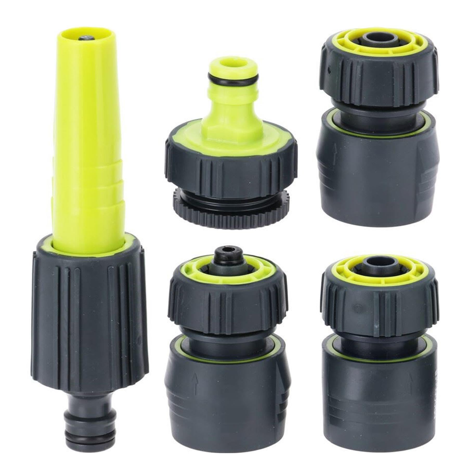 GEEZY Garden Hose Connector Set of 5 – Tap & Hosepipe Connectors with Adjustable Spray Nozzle, Water Stop Feature & Rubber Grip – Leak-Free Hose Fittings for 1/2 to 3/4" Taps – Gardening & Car Washing
