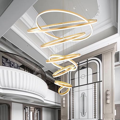 Miniatura 9 de Candelabro de 7 anillos, lámpara LED negra de 39.37 pulgadas, 7 anillos, lámpara moderna de techo alto más grande para vestíbulo, lámpara LED