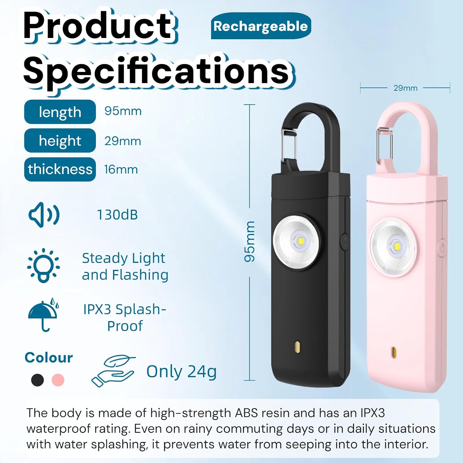 130dB Rechargeable Personal Alarm with Strobe Light & Low Battery Indicator image 2
