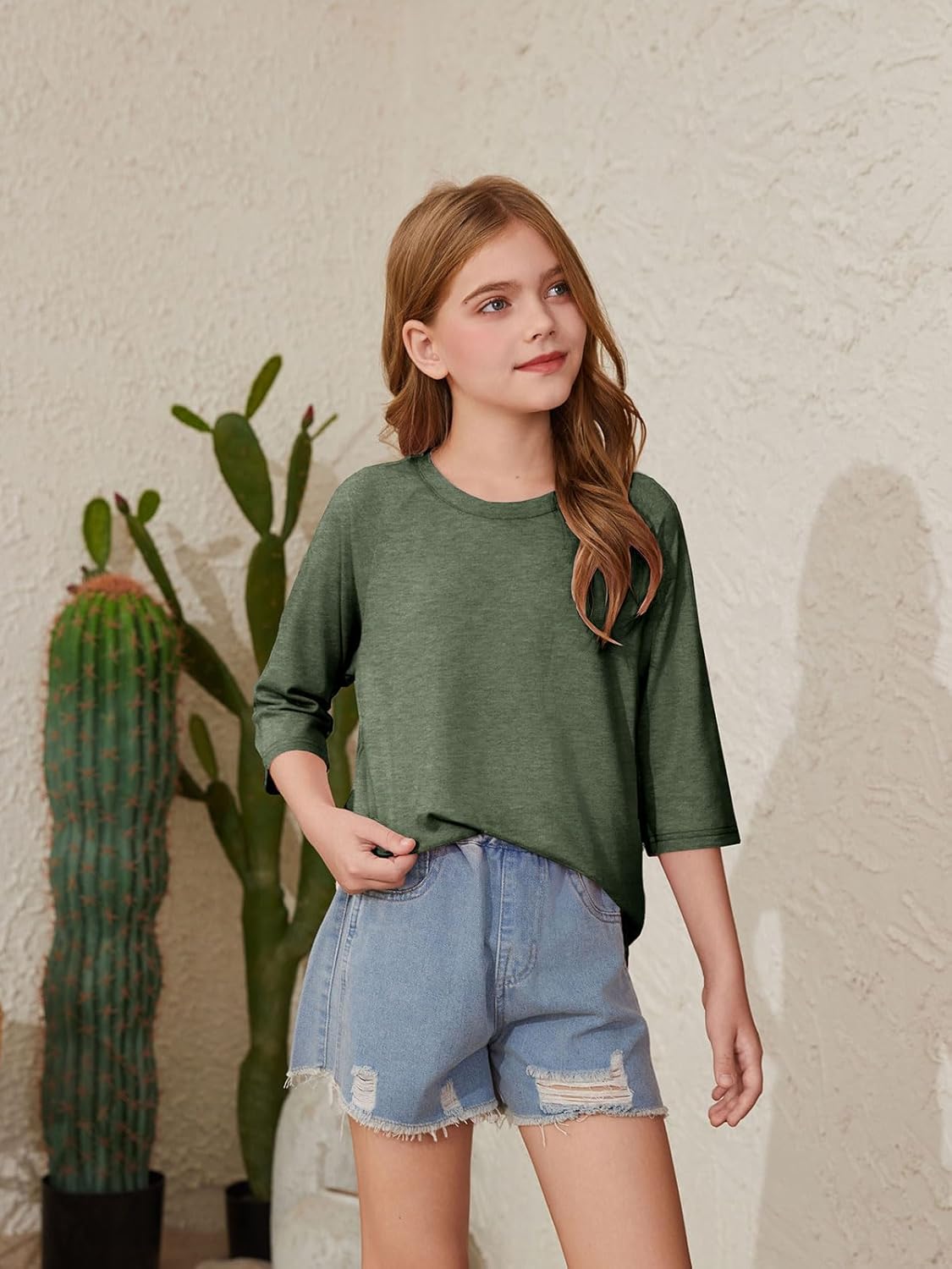 ZDC Girls Casual 3/4 Sleeve T Shirts Kids Cute Crewneck Tops Basic Tees Blouse for 5-14 Years - Image 6