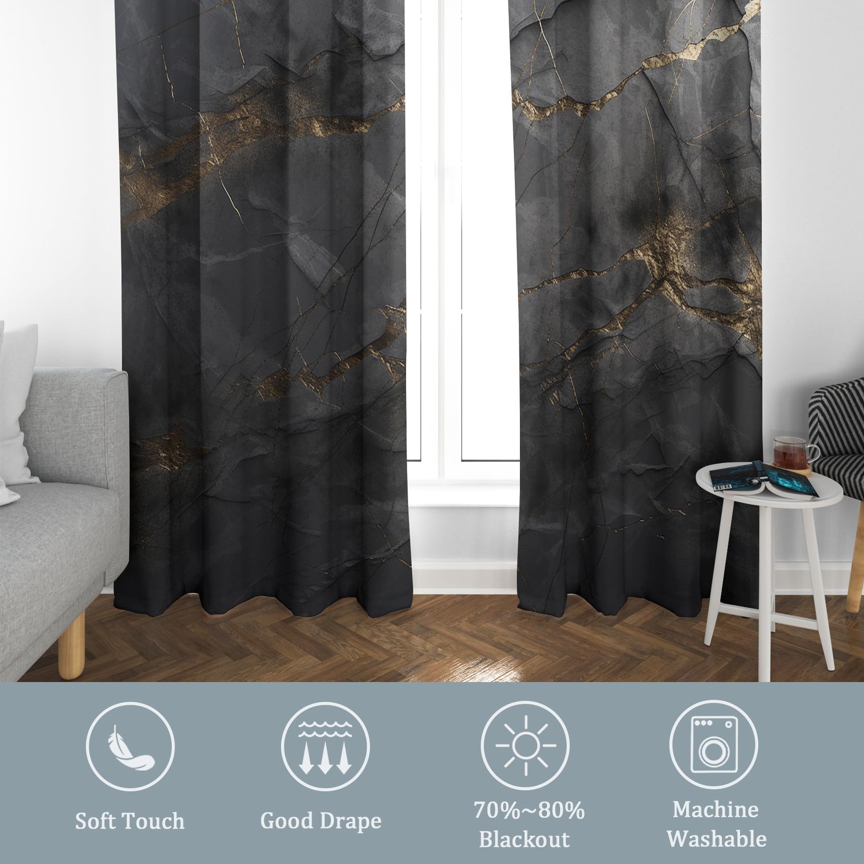 Generisch Schwarz Gold Marmor Vorhänge Wohnzimmer, Verdunklungsvorhänge Moderne Abstrakt mit Ösen, Vorhang Blickdicht mit Muster, Gardinen für Wohnzimmer Deko 2er Set, H 175 X B 140 cm B-G5