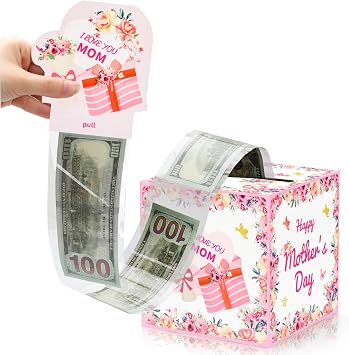 Mothers Day Money Box for Cash Gift Pull, Money Holder for Cash with Pull Out Card and 50 Bags, Surprise Money Gift Box for Mom Grandmother, Pink