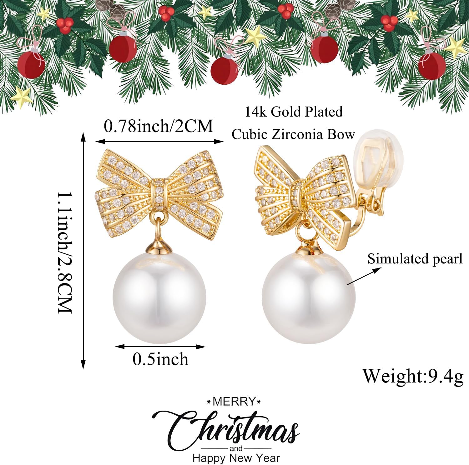 XGALBLA Christmas Earrings Womens Gifts Bow Clip on Earrings Cubic Zirconia Simulated Pearl Bow Clip on Earrings for Women Trendy Stuff Xmas Jewelry Stocking Stuffers Christmas Gifts - Image 2
