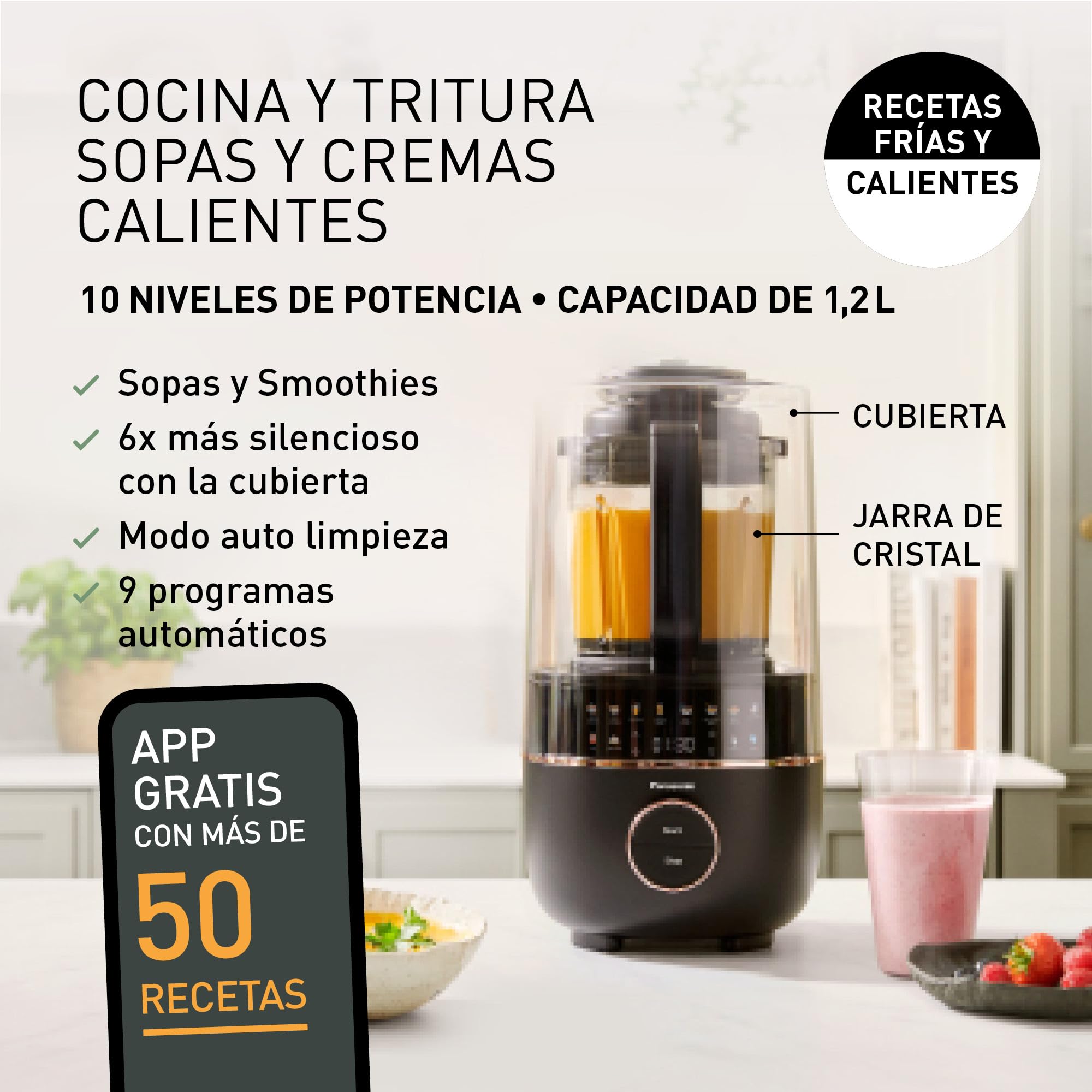 Panasonic MX-HG4401KXE Licuadora y Maquina para Sopa, 1.2 L, 800 W, Caliente y Frío, 9 Modos Automáticos, 10 Velocidades, Temporizador, Mantener Caliente, Limpieza Automática, Negro y Oro Rosa