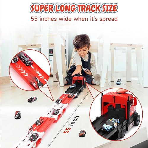 Miniatura 3 de Camión de juguete para niños pequeños de 3 a 5 años con pista de carreras de eyección de 55 pulgadas, catapulta de deformación y disparo, plegable,