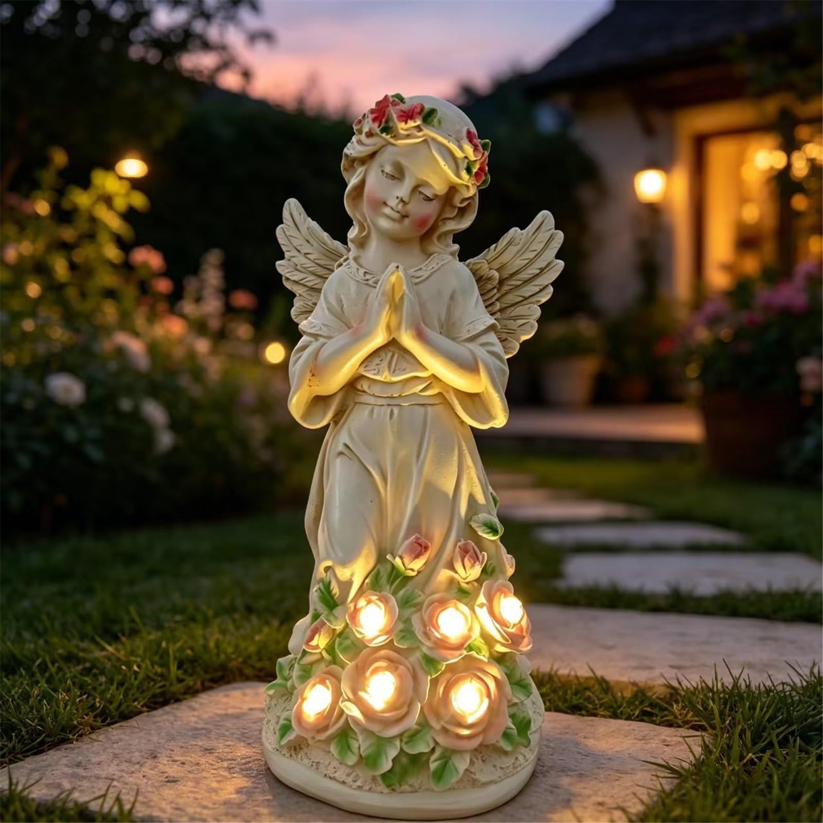 HABITZ Fata dei Fiori Notte LED Luce Resina Angelo Giardino Scultura Ornamenti Statua Decorazioni Esterni Figurine Ad Energia Solare Regali Decorazione for Patio,Balcone Tomba Accessori Esposizione
