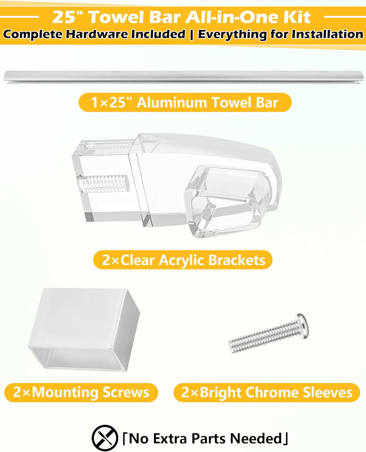 IWIWE 25" Long Chrome Framed Sliding Shower Door Towel Bar Kit - Clear Acrylic Brackets with Bright Chrome Sleeve, Replacement for Alumax/Basco Framed Sliding Glass Shower Door Towel Rod