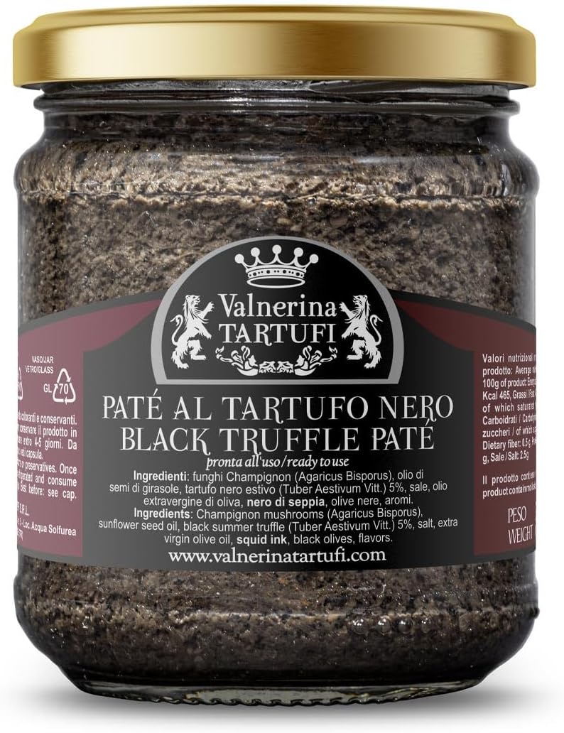 Black Truffle Patè | Tartufata Sauce with Mushrooms, Truffles, Black Olives | Jar 180 gr.