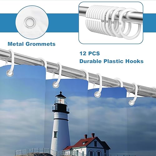 Miniatura 5 de OTRANTO Cortina de ducha con diseño de océano azul, faro, náutico, costero, escénico, naturaleza, rock, blanco, juego de decoración de baño, lavable