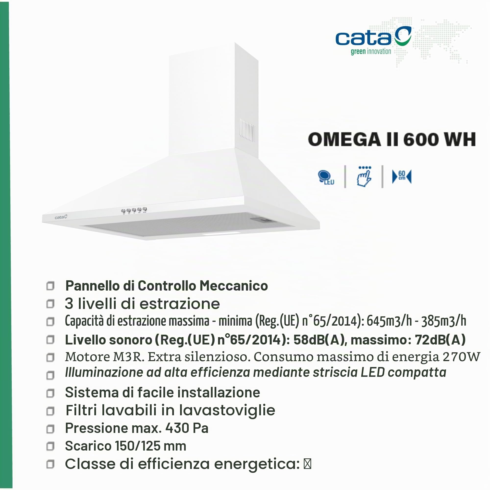 Cata | Cappa aspirante | Modello OMEGA II 600 WH | Campana decorativa da parete | 3 livelli di estrazione | Larghezza 60 cm | Finitura bianca | Classe di efficienza energetica C