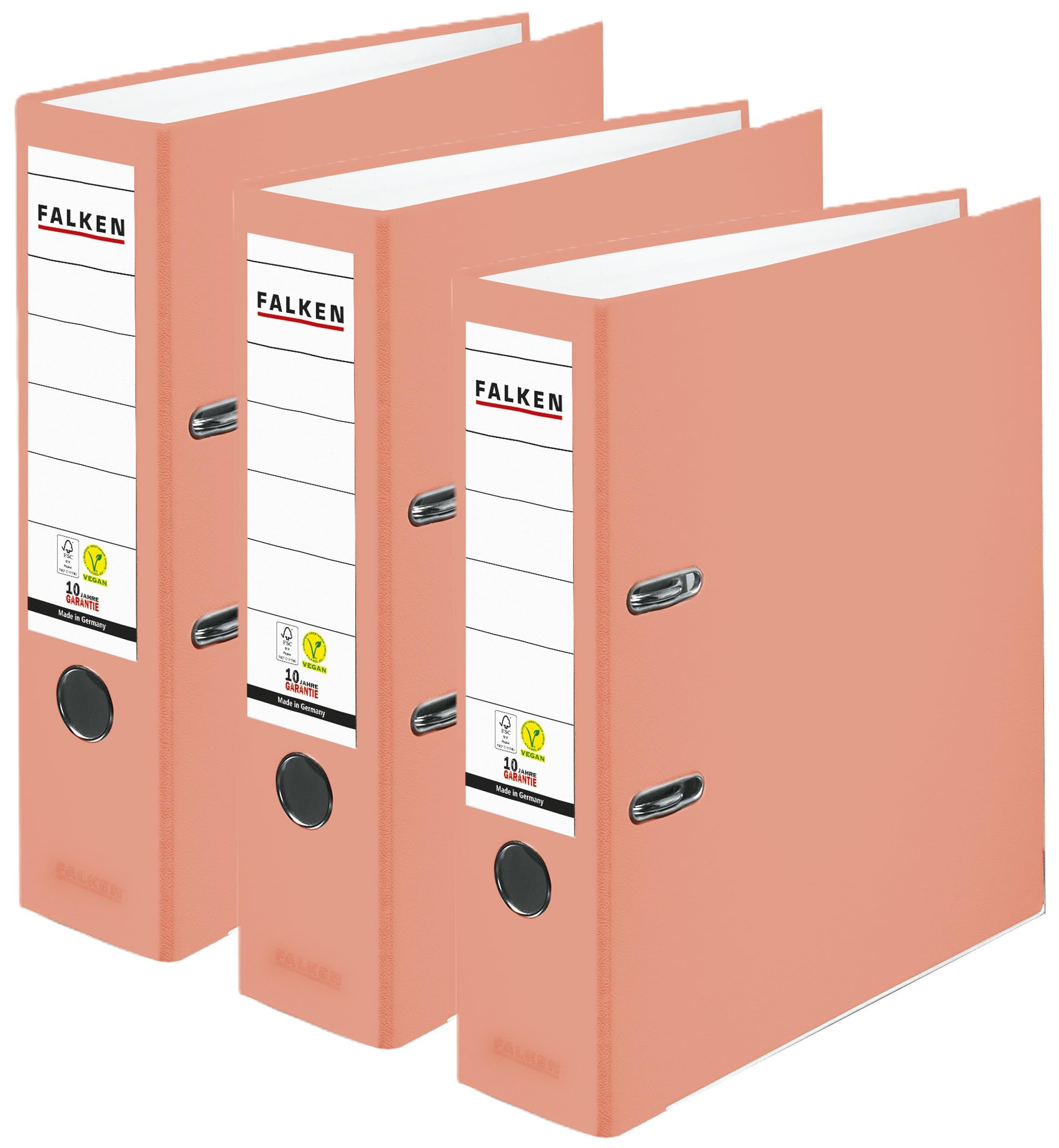 Original Falken 3er Pack PP-Color Ordner. Made in Germany. 8 cm breit DIN A4 Lachs Vegan Kunststoff-Ordner Ringordner Aktenordner Briefordner Büroordner Plastikordner Schlitzordner