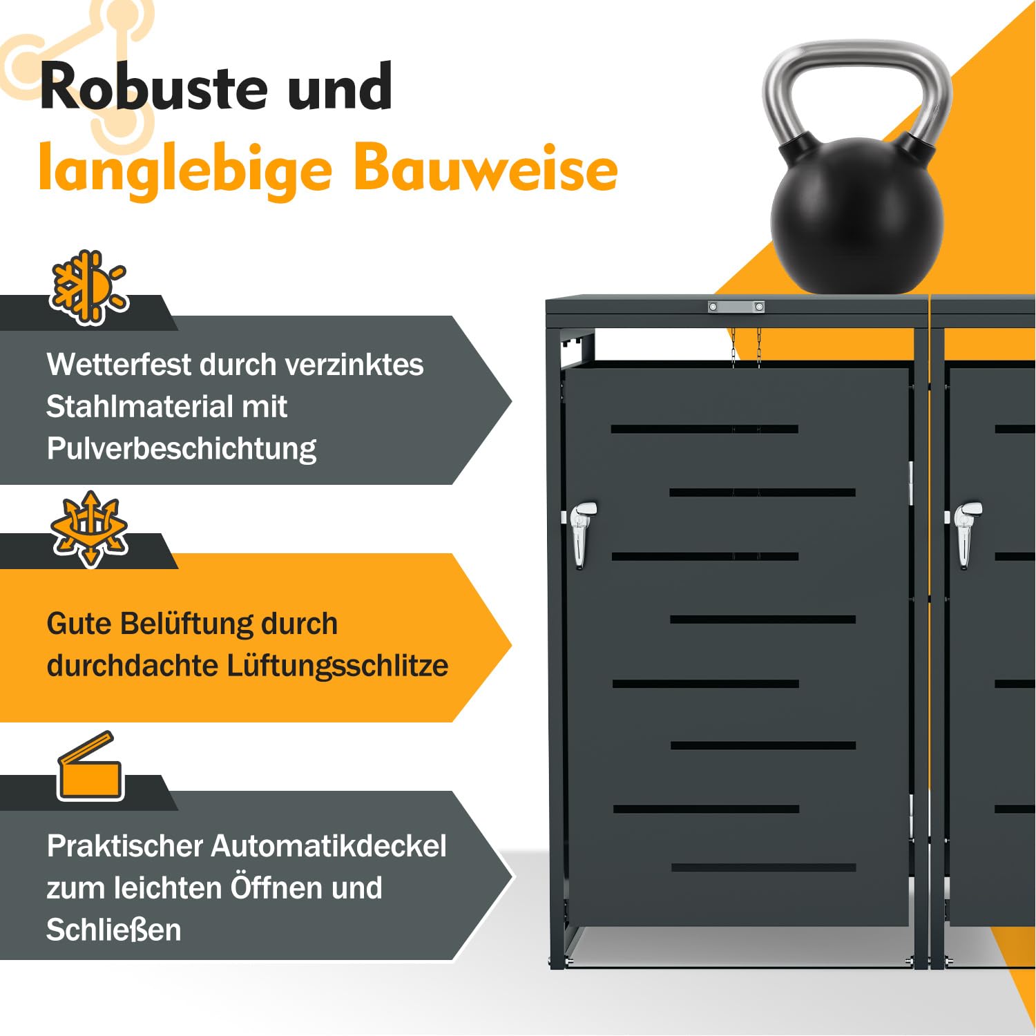 Lot de 2 cache-poubelles en métal pour poubelles de 120 l/240 l, résistant aux intempéries, verrouillable, avec vérins à gaz et chaînes de couvercle, anthracite