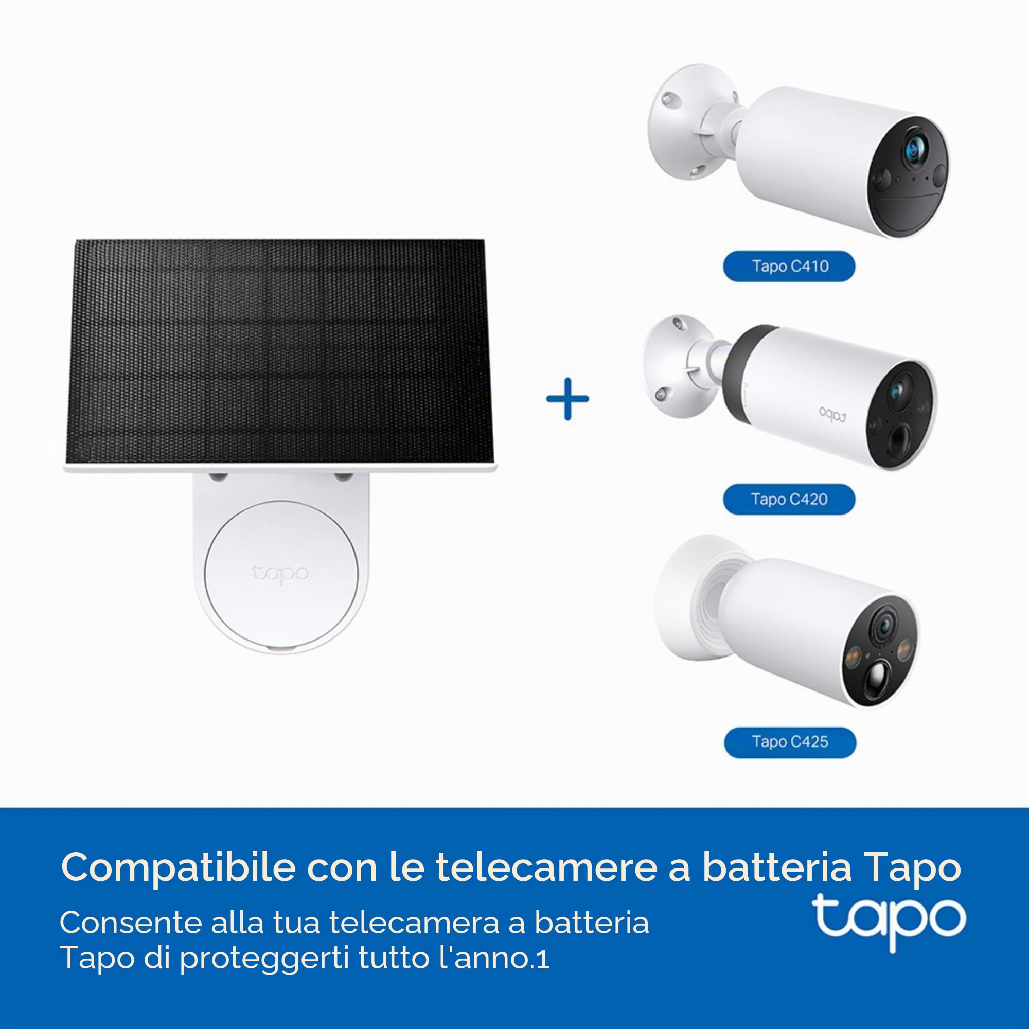 Tapo Pannello solare, installato in modo flessibile e regolazione dell'angolo, ricarica solare ad alta efficienza da 45 minuti per un uso giornaliero, impermeabile IP65, funziona con tutte le