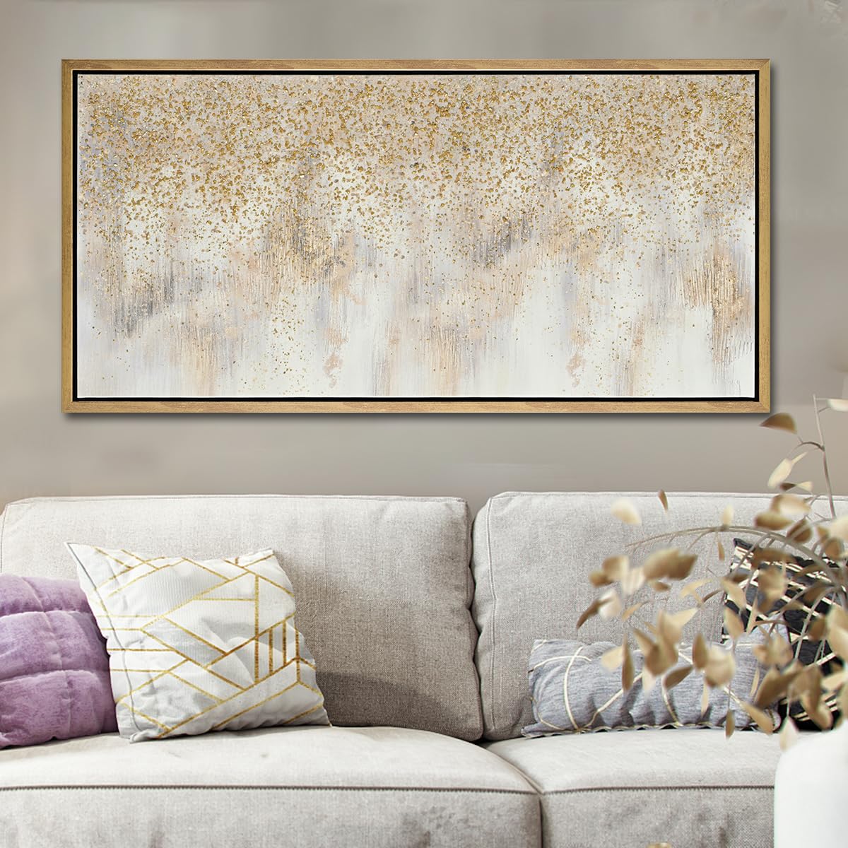 TRAIN2 ART Wall Art Abstract Canvas Painting Gold and Grey Canvas Wall Decor Framed Abstract Artwork Painting for Bedroom Home Office Wall Decorations 24"x48" with Framed