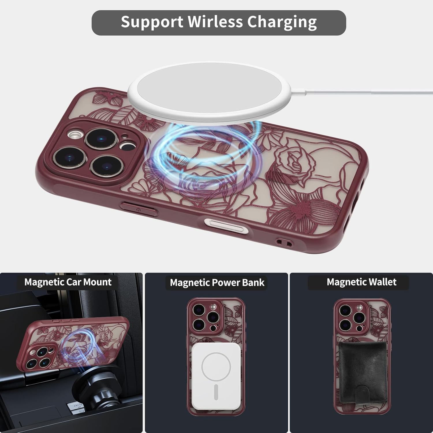 XIZYO Magnetic Case for iPhone 16 Pro Max Floral Rose Cute Phone Case [Compatible with Magsafe] for Women Girls Burgundy Aesthetic Pattern Slim TPU Shockproof Bumper Cover, Wine Red - Image 4