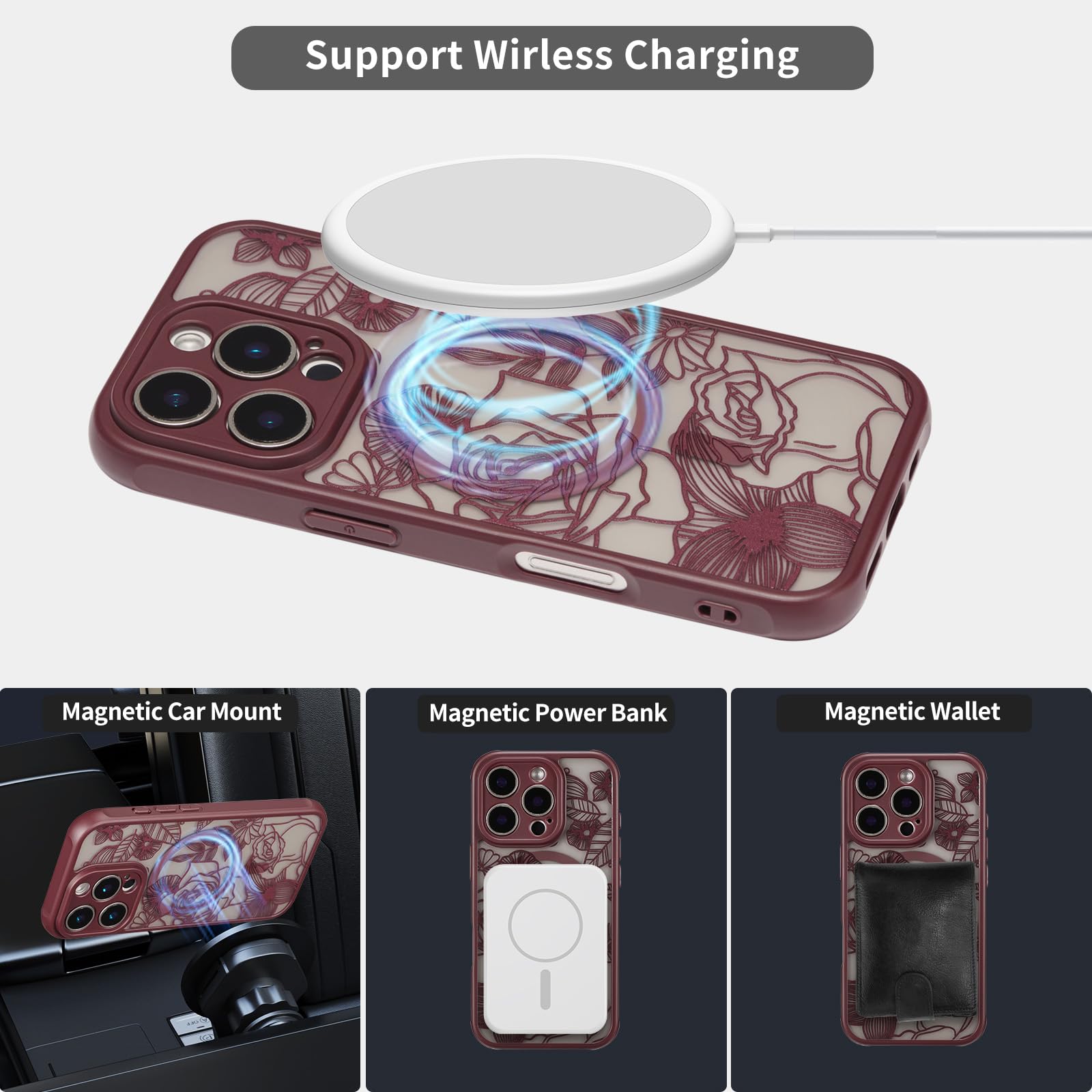 XIZYO MagSafe-Hülle Für IPhone 11 – Transparent Mit Rosenmuster, Stoßfest, Matt Schwarz