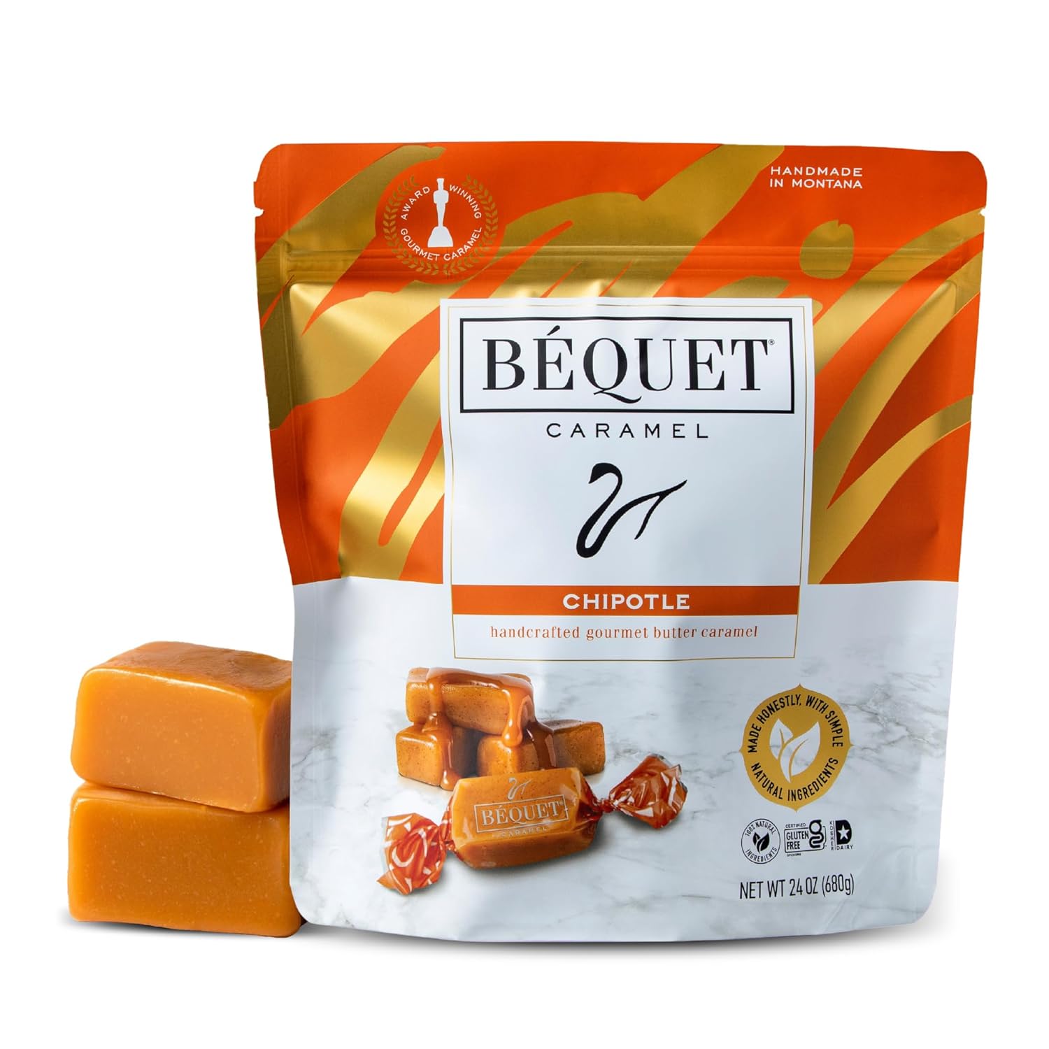 Béquet Caramel - Chipotle Caramel - Candy Individually Wrapped - Gourmet Caramel Candy - Made in Montana - Kosher (Star D) and Gluten Free - 24oz Resealable Pouch