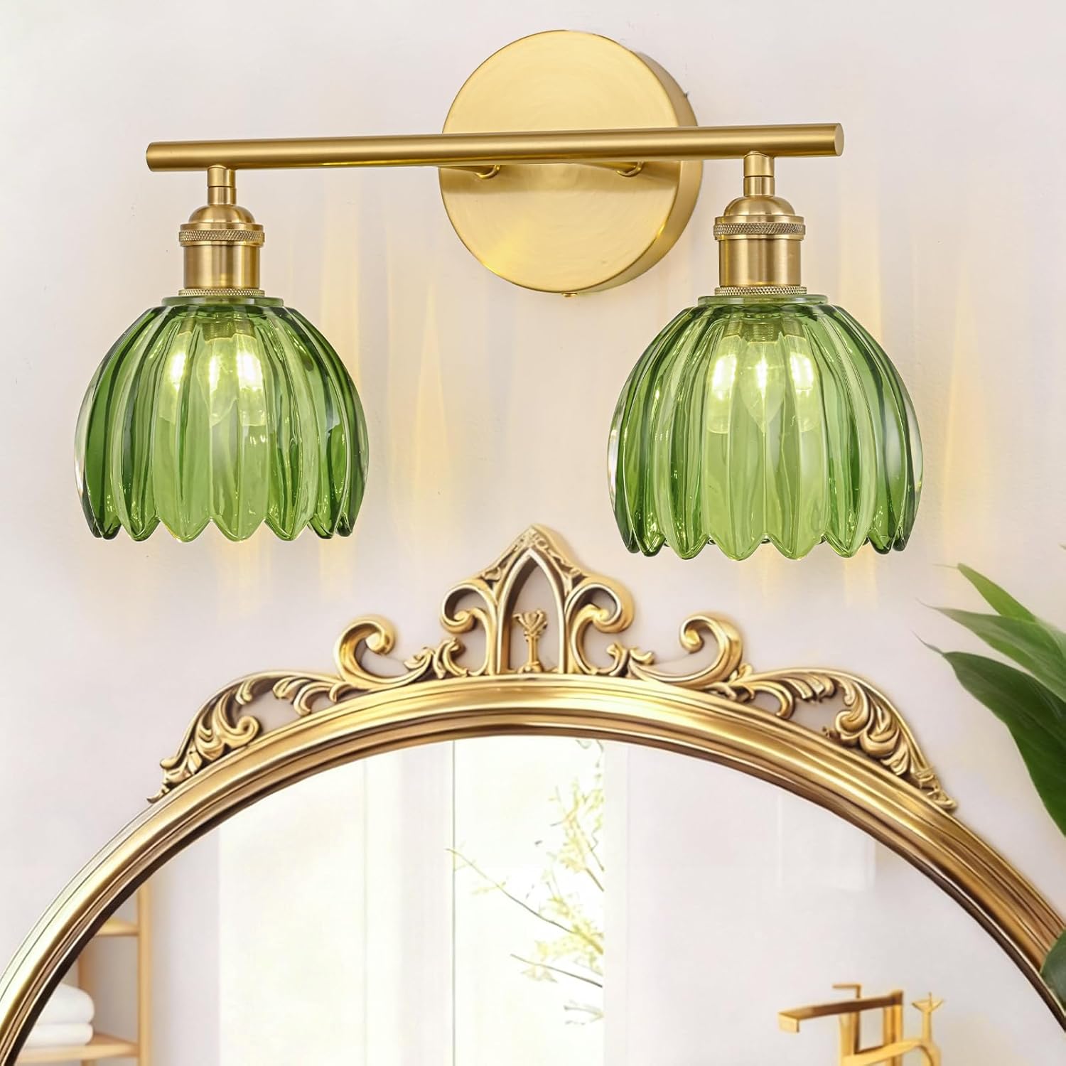 Gold Bathroom Light Fixtures Over Mirror, 2 Light Bathroom Vanity Light Fixture with Tulip Green Glass Lampshade, Vintage Vanity Lights for Bathroom, Bathroom Vanity Lights Over Mirror