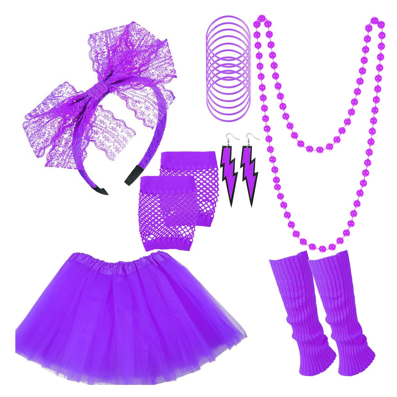 IDOTTA 80s Fancy Dress Costume Accessories Set,1980s T-Shirt Skirt Tutu Headband Gloves Earring Necklace Leg Warmers for Women Girls Party Retro Dress up - Image 4