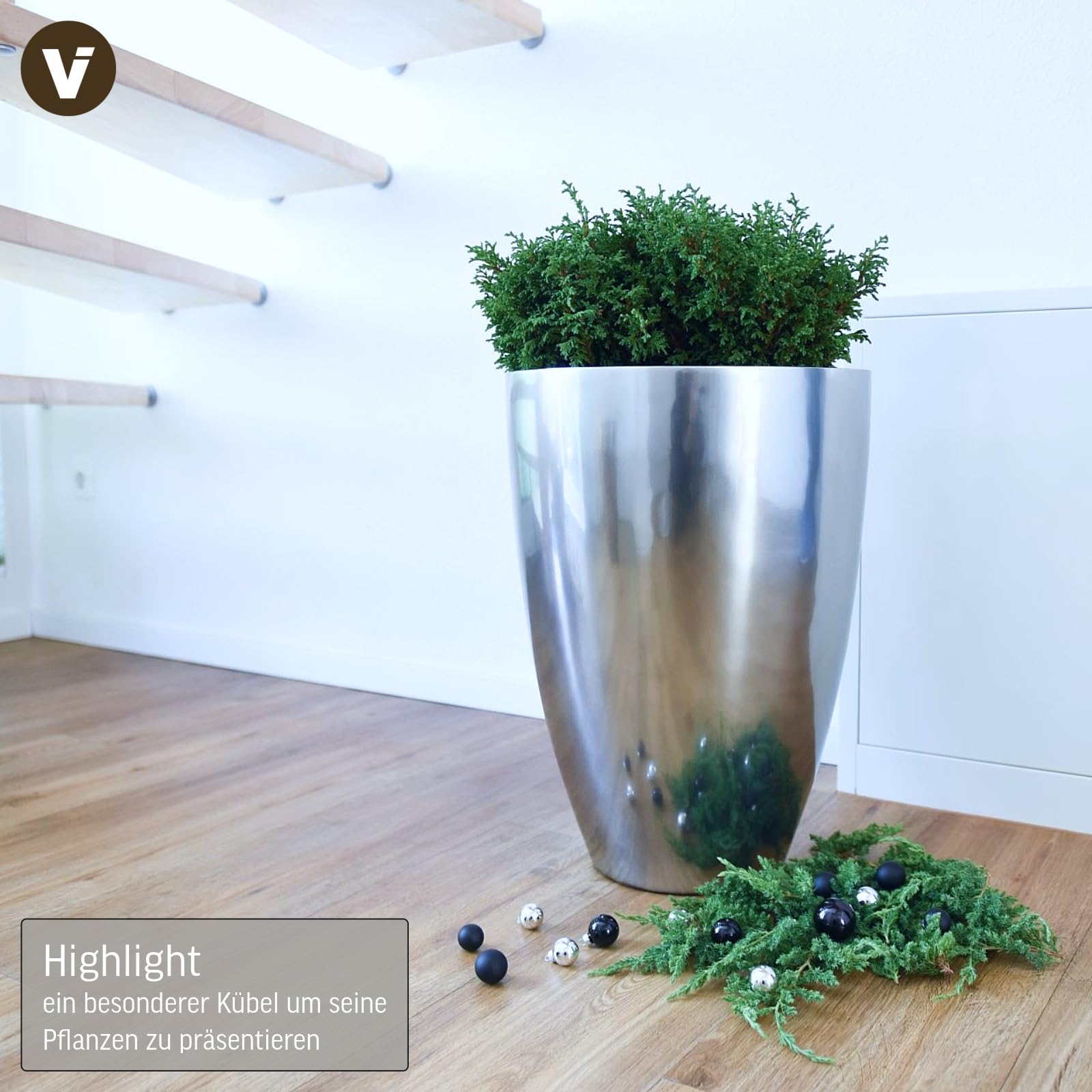 VIVANNO Pflanzkübel Pflanzgefäß Blumenkübel Fiberglas Silber Metallic OPALA (55x40)
