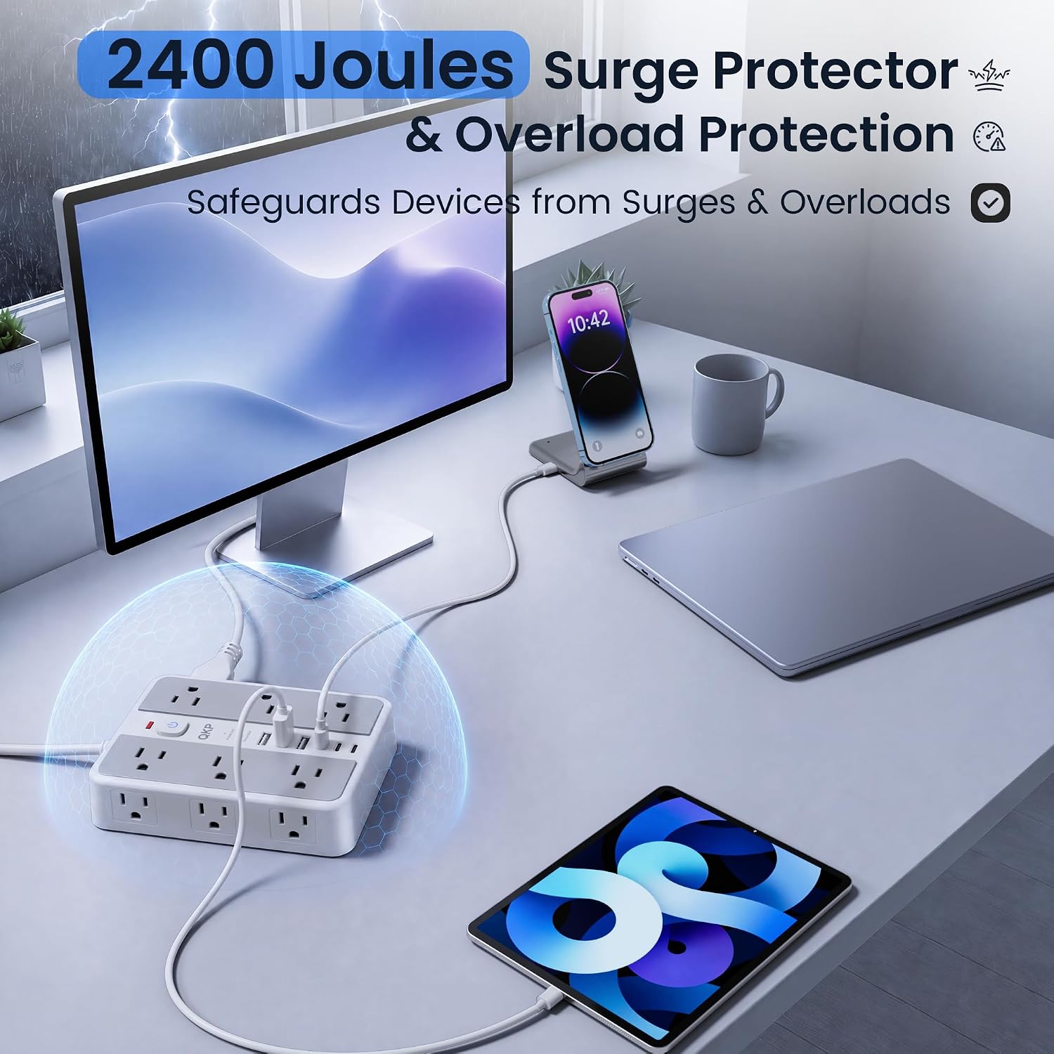 6 FT/ 2400J Surge Protector Power Strip, 12 Outlets, 6 USB (3 USB C) | 3 USB-A & 3 USB-C Ports, 1.7" Wide-Spaced Outlets，2400J Surge Protection, 1875W/15A Flat Plug Extension Cord for Home, Office thumbnail