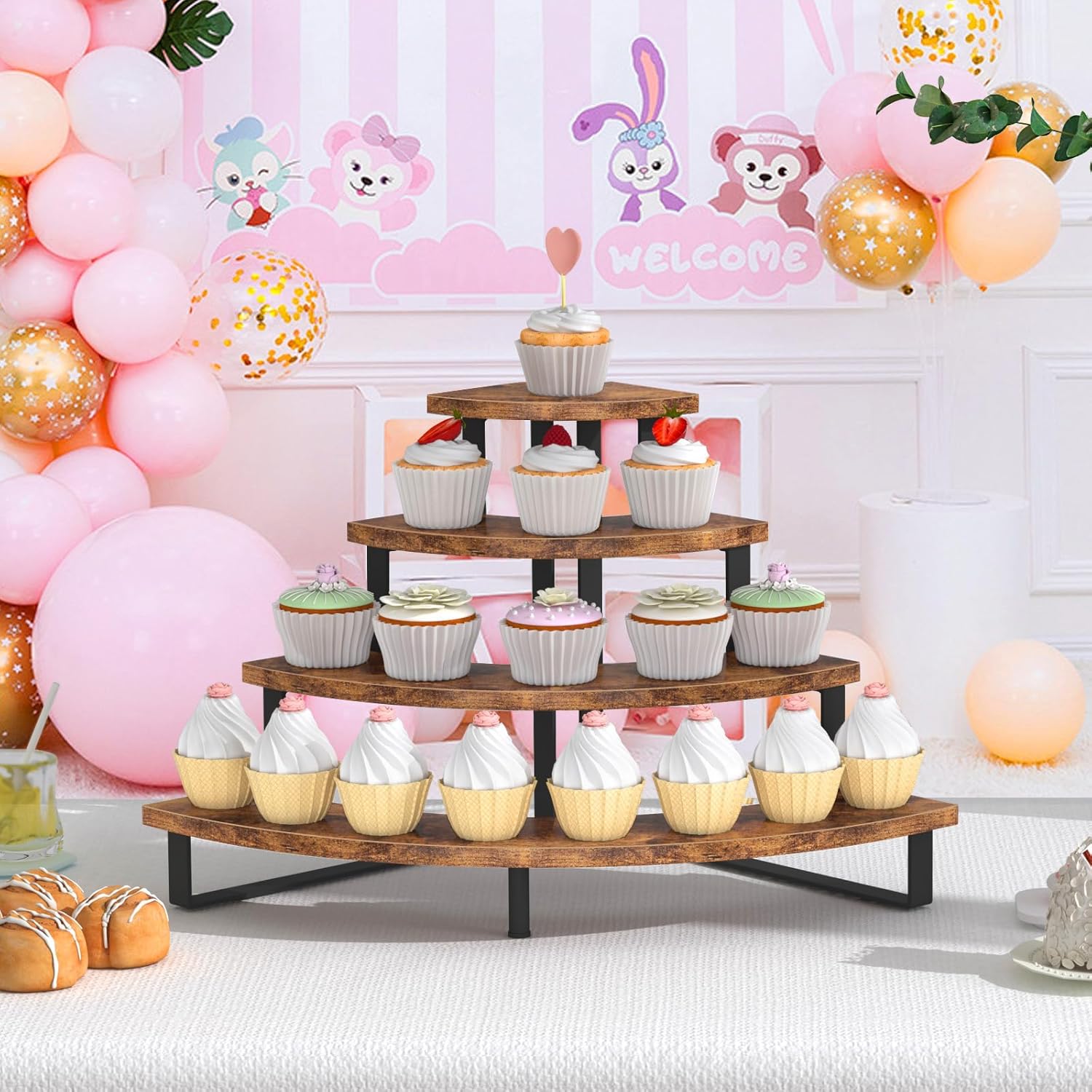 ELITEROO Cupcake Tier Stand, Wooden Cup Cake Stand Stairs, 4 Tier Dessert Table Display Set for Cookie Cocktail Candy Donut, Display Riser for Vendors Craft Show, Rustic Brown Curved Corner - Image 4