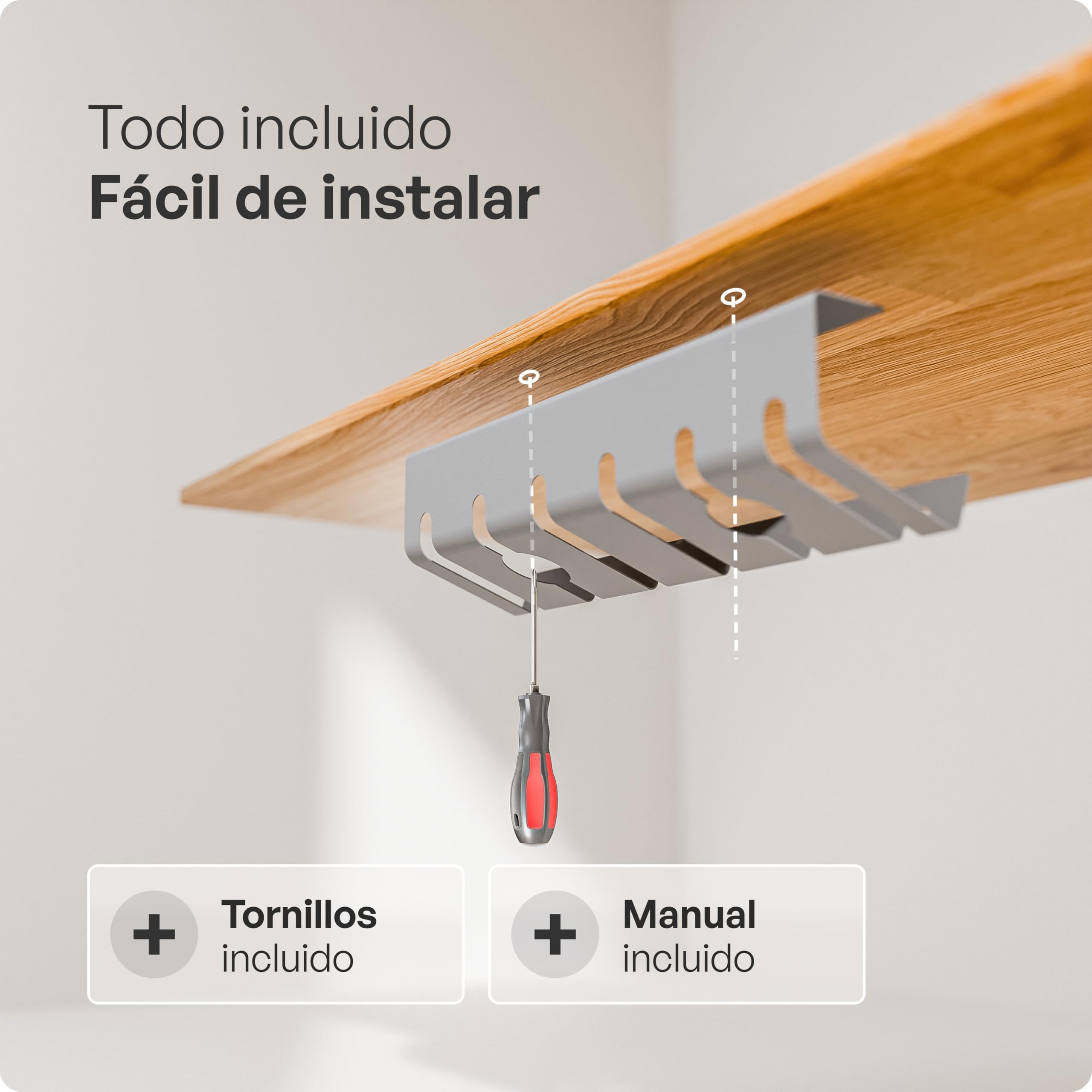 PAMO Organizador Cables Escritorio Gris y Plateado 3 un. – 10 Bridas Adhesivas y Clips para Cables – fácil instalación Incl. Tornillos – Organizador Escritorio Oficina/casa
