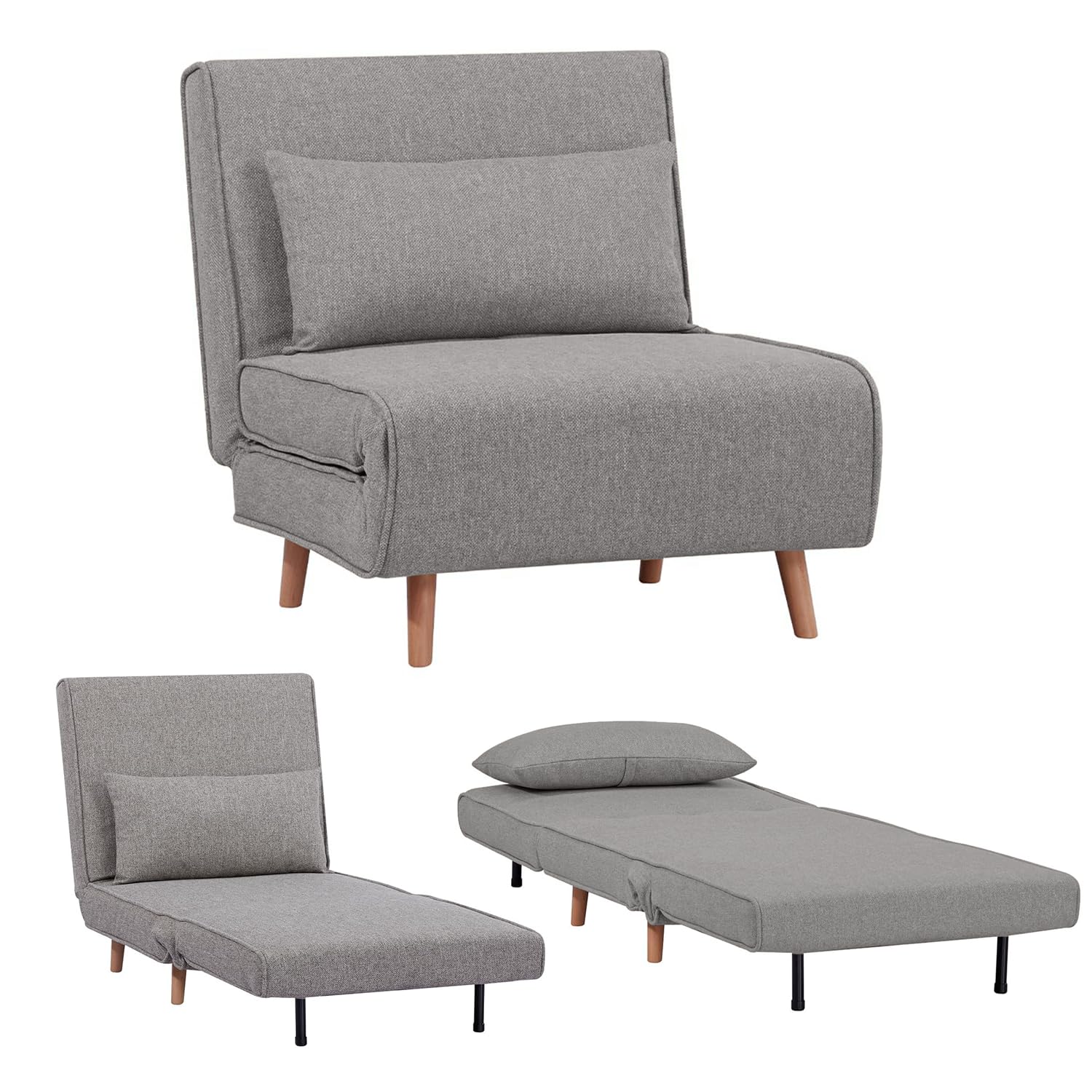 EVERGREENWEB Poltrona Letto Singolo con Cuscino Imbottito INCLUSO, Tessuto Grigio Chiaro, Divano 1 Posto Salvaspazio Pieghevole, Pouf Poggiapiedi, Schienale Regolabile Clic Clac, Gambe in Legno, FOLDY