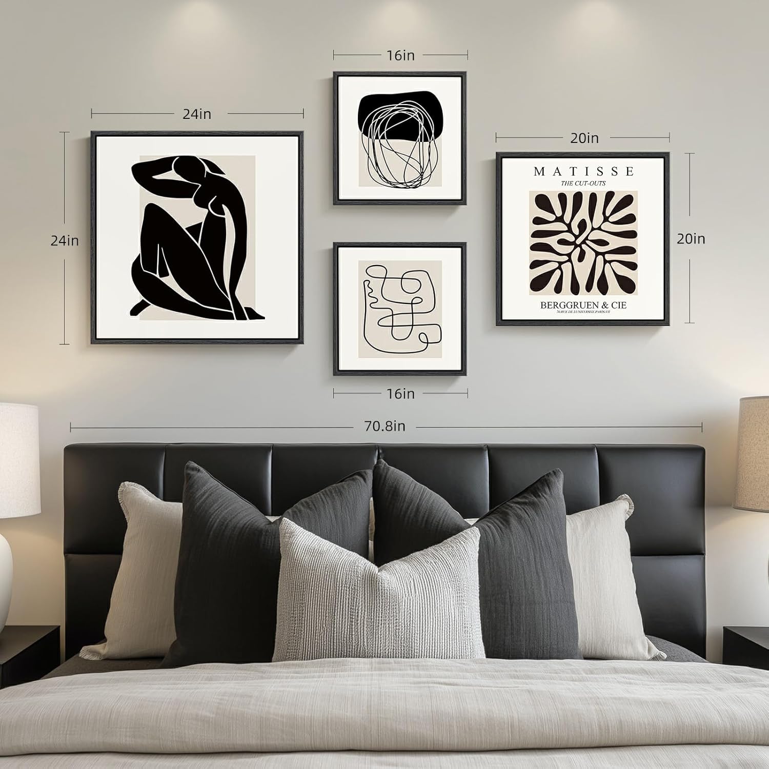 framed matisse abstract wall art for living room, set of 4 piece black and white modern canvas artworks, mid century neutral beige minimalist painting prints for bedroom hallway office wall decor 32" h x 60" w matisse