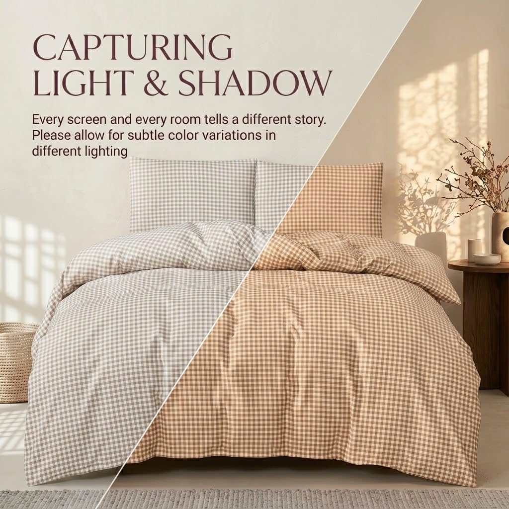 3pc Queen Gingham Checked Duvet Cover Set Washed Microfiber Brown | Bedding Set with Zipper Closure & Corner Ties, Super Soft Breathable & Wrinkle Resistant Bedding (No Comforter)