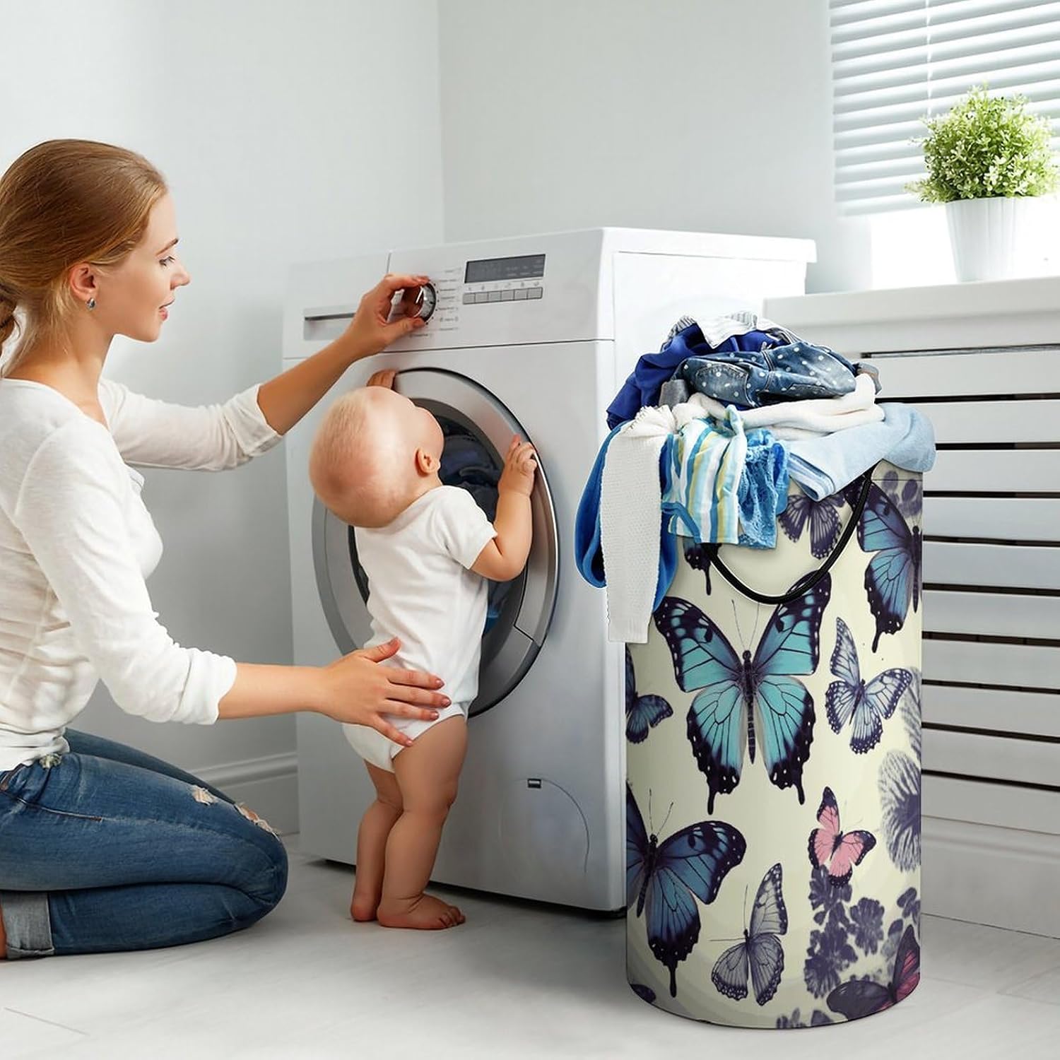 Large Laundry Hamper with Handles Beautiful Butterfly Laundry Basket Freestanding Waterproof Clothes Hamper for Living Room Bedroom Bathroom College Dorm