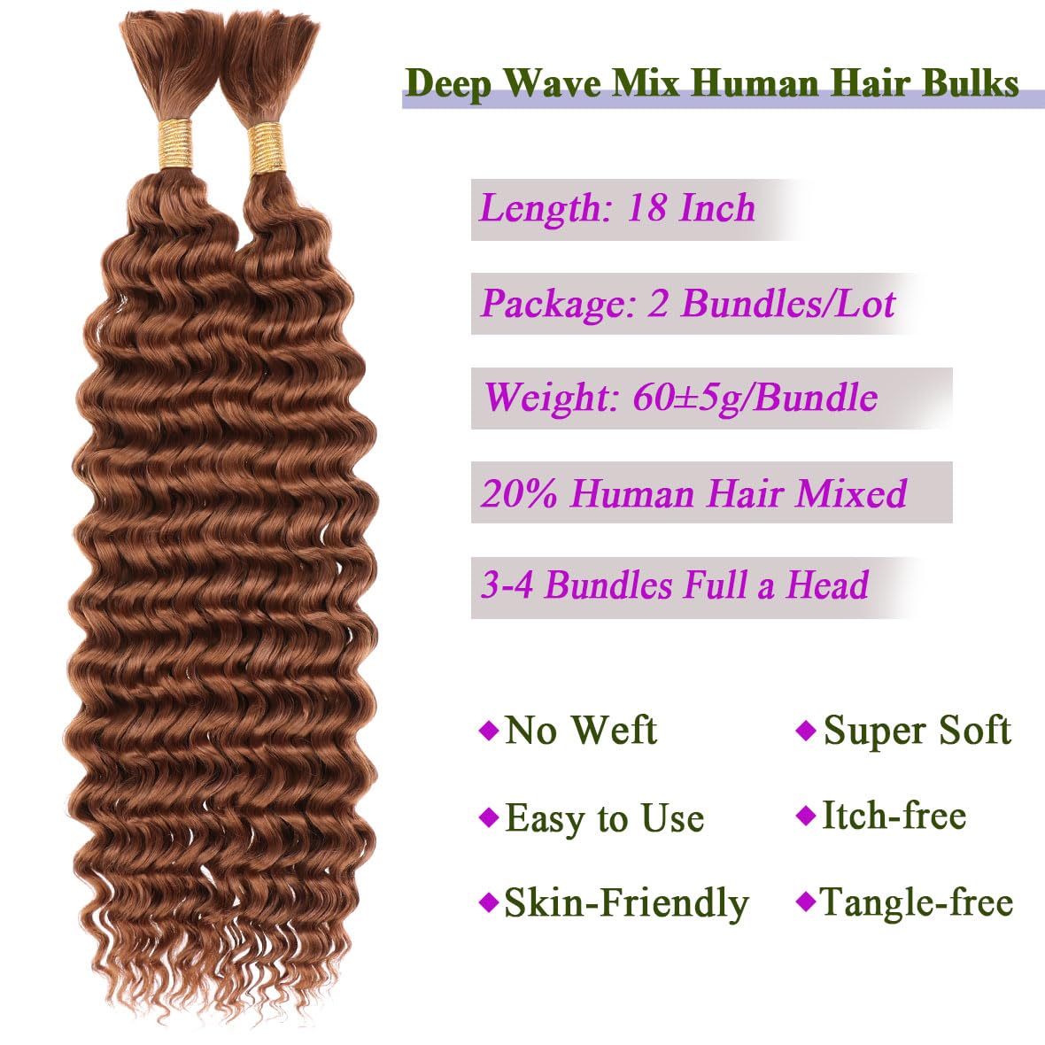 Kachanaa 18 Inch Deep Wave Crochet Hair for Boho Box Braids 2 Bundles Honey Brown 20% Mixed Deep Wave Human Hair for Braiding Goddess Braids /30# - Image 3