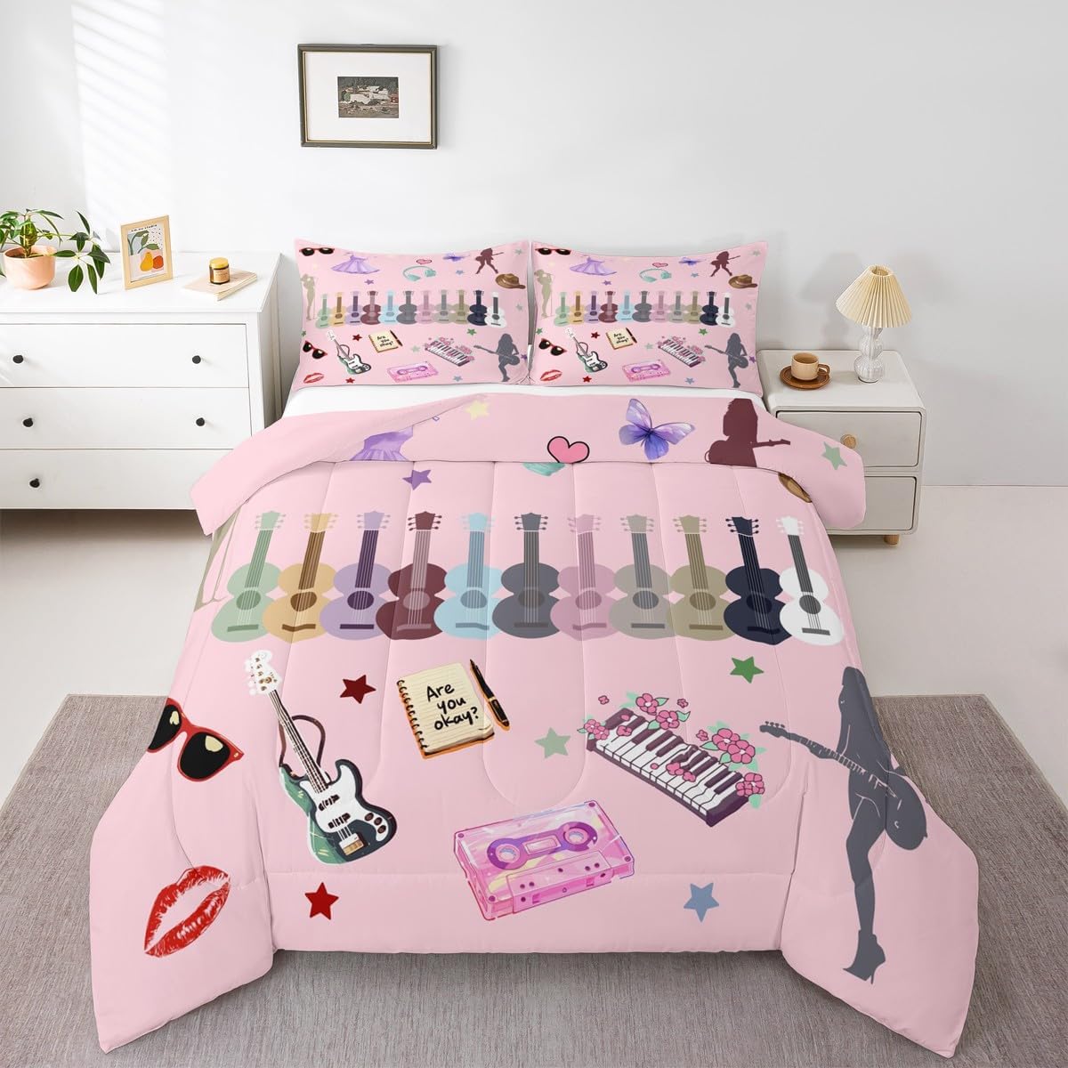Erosebridal Music Fans Guitar Queen Comforter Set Music Themed Bedding Set Singer Fans Pink Down Comforter for Kids Girls Women Fashion Birthday Valentines Day Gift Quilt Set 3 Pcs Bedroom Decor